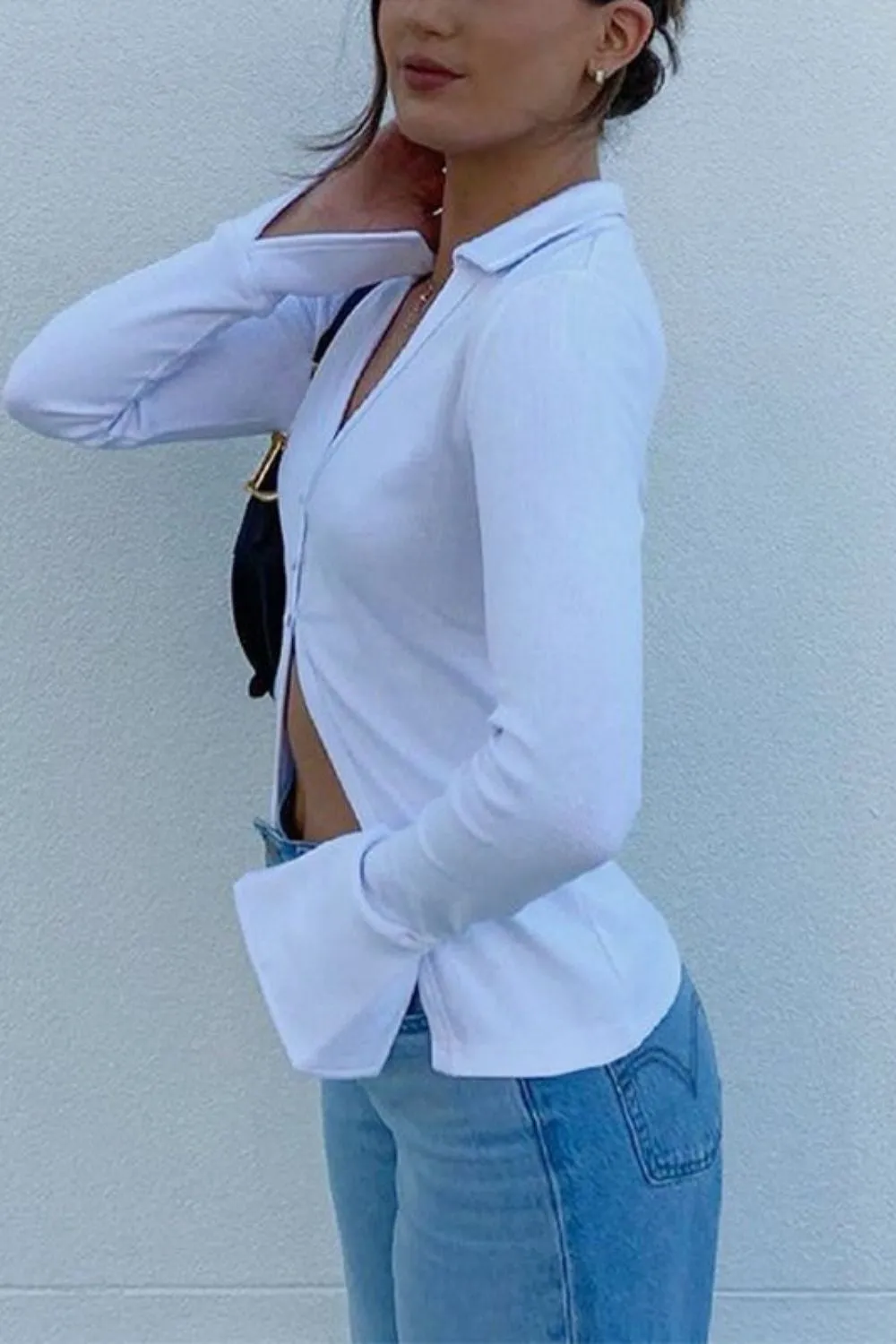 Rib Knit Long Sleeve Split Blouse