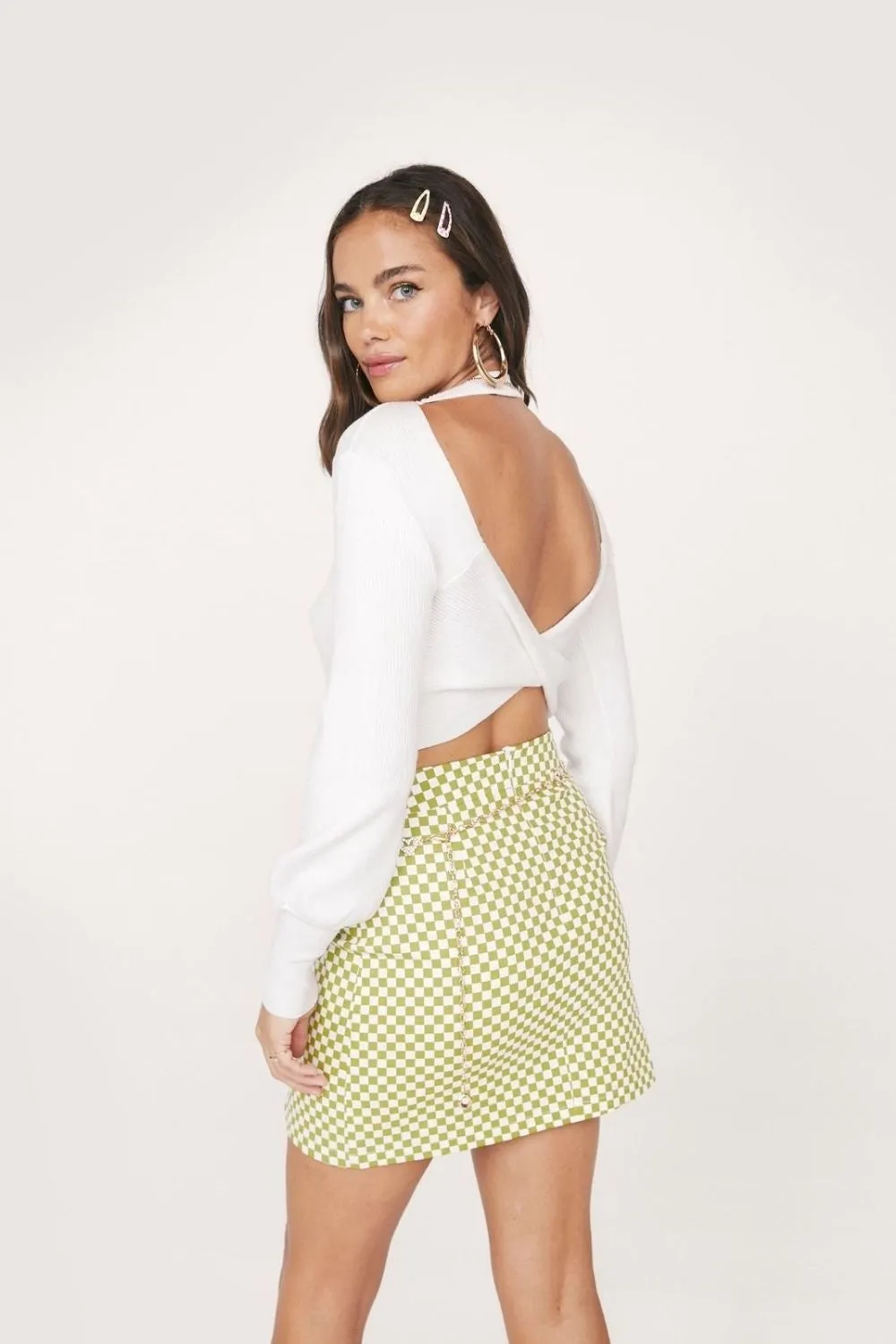 Ribbed Crossover Open  Back Knit Top