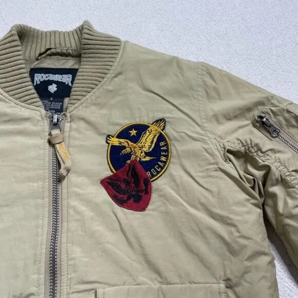 Rocawear Y2K Beige Khaki Logo Eagle Patch Crop Bomber Jacket S