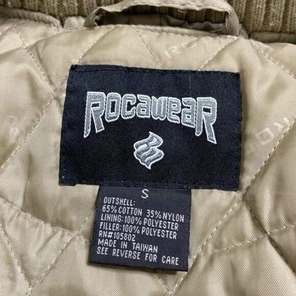 Rocawear Y2K Beige Khaki Logo Eagle Patch Crop Bomber Jacket S