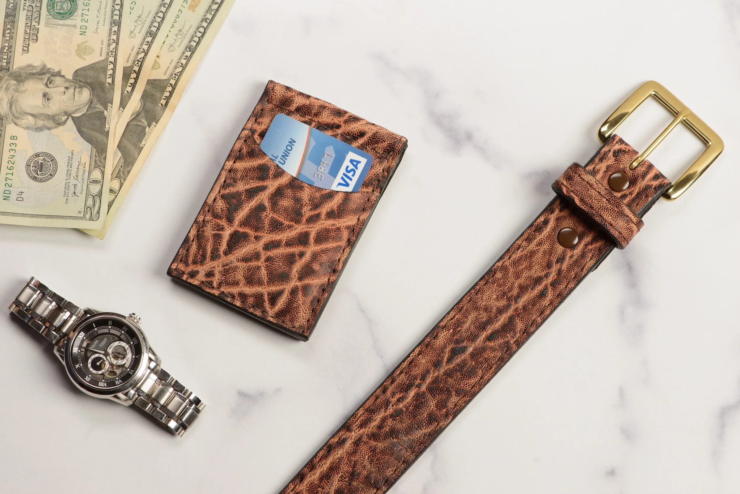 Rustic Brown Elephant Bifold Slim Profile Wallet With Money Clip