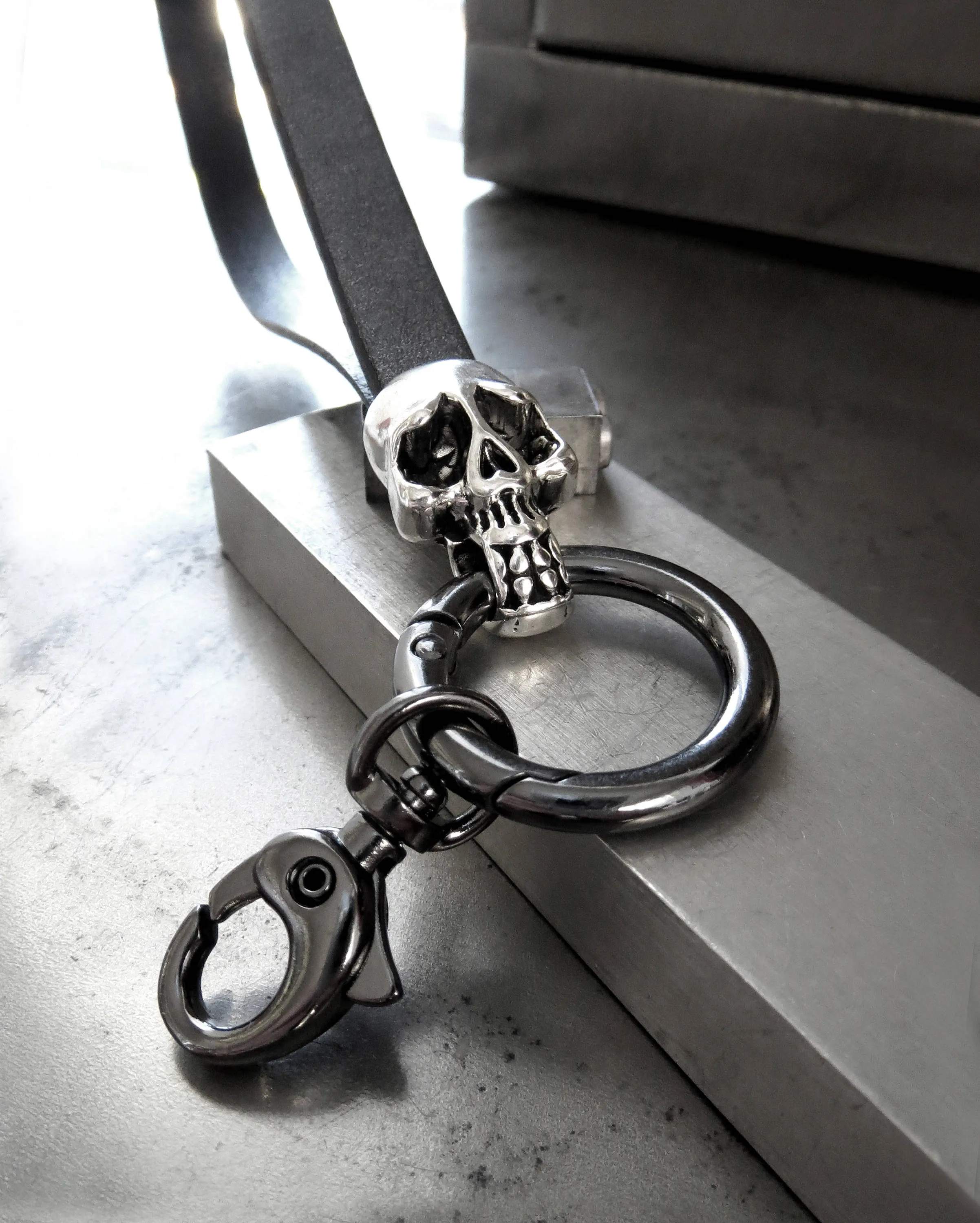 Silver Skull Keyring with Gunmetal Black Leather Wrist Strap