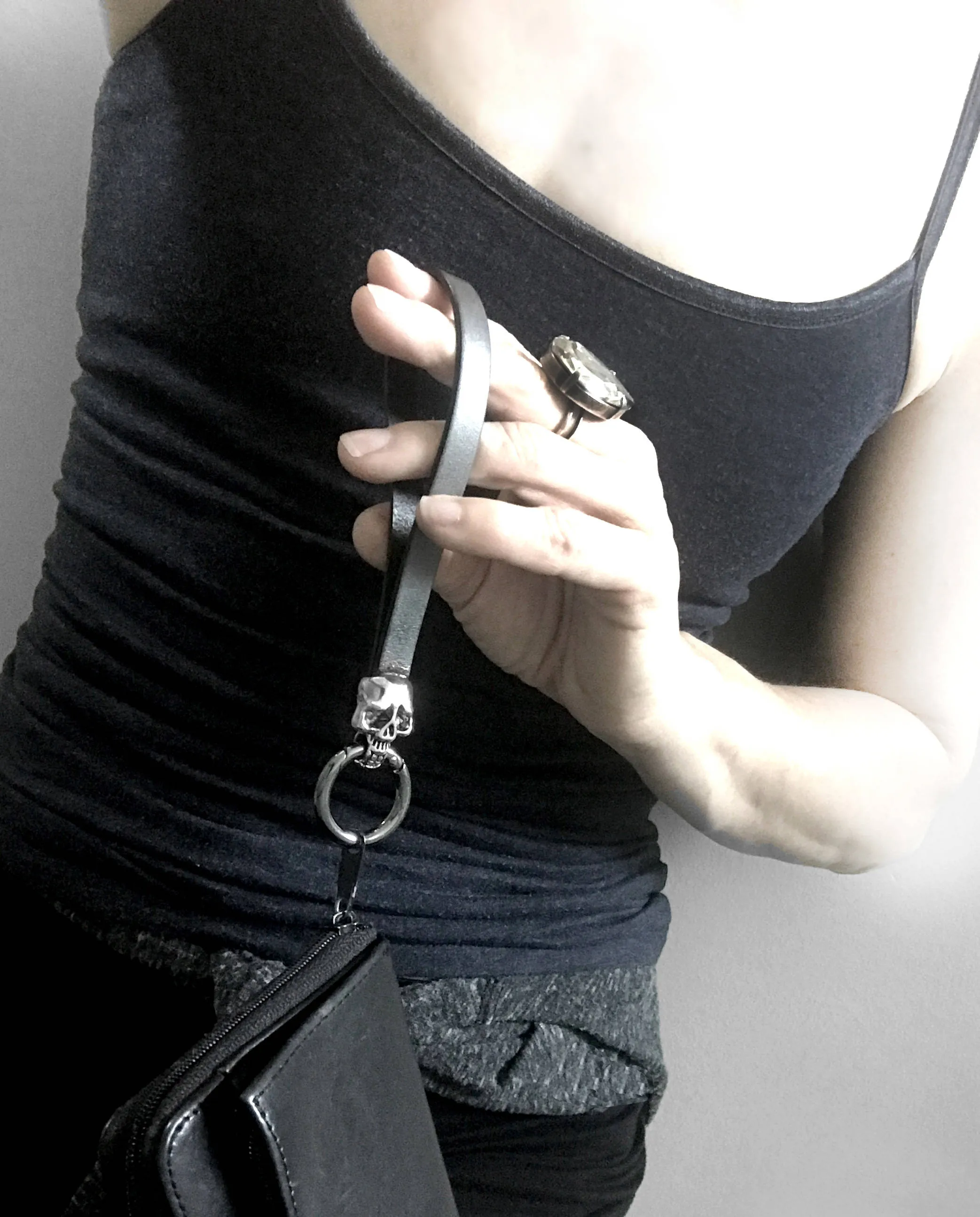 Silver Skull Keyring with Gunmetal Black Leather Wrist Strap