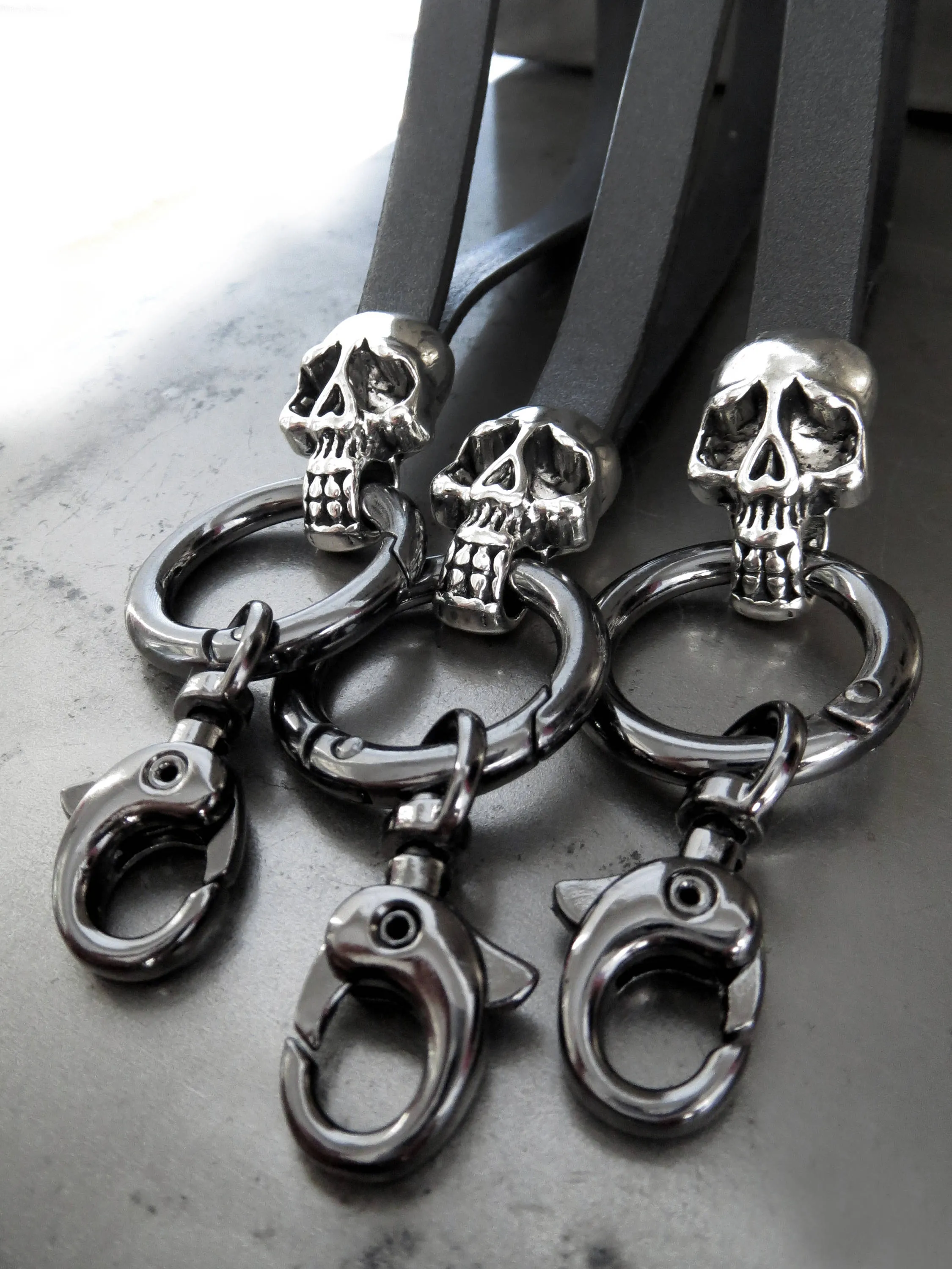 Silver Skull Keyring with Gunmetal Black Leather Wrist Strap
