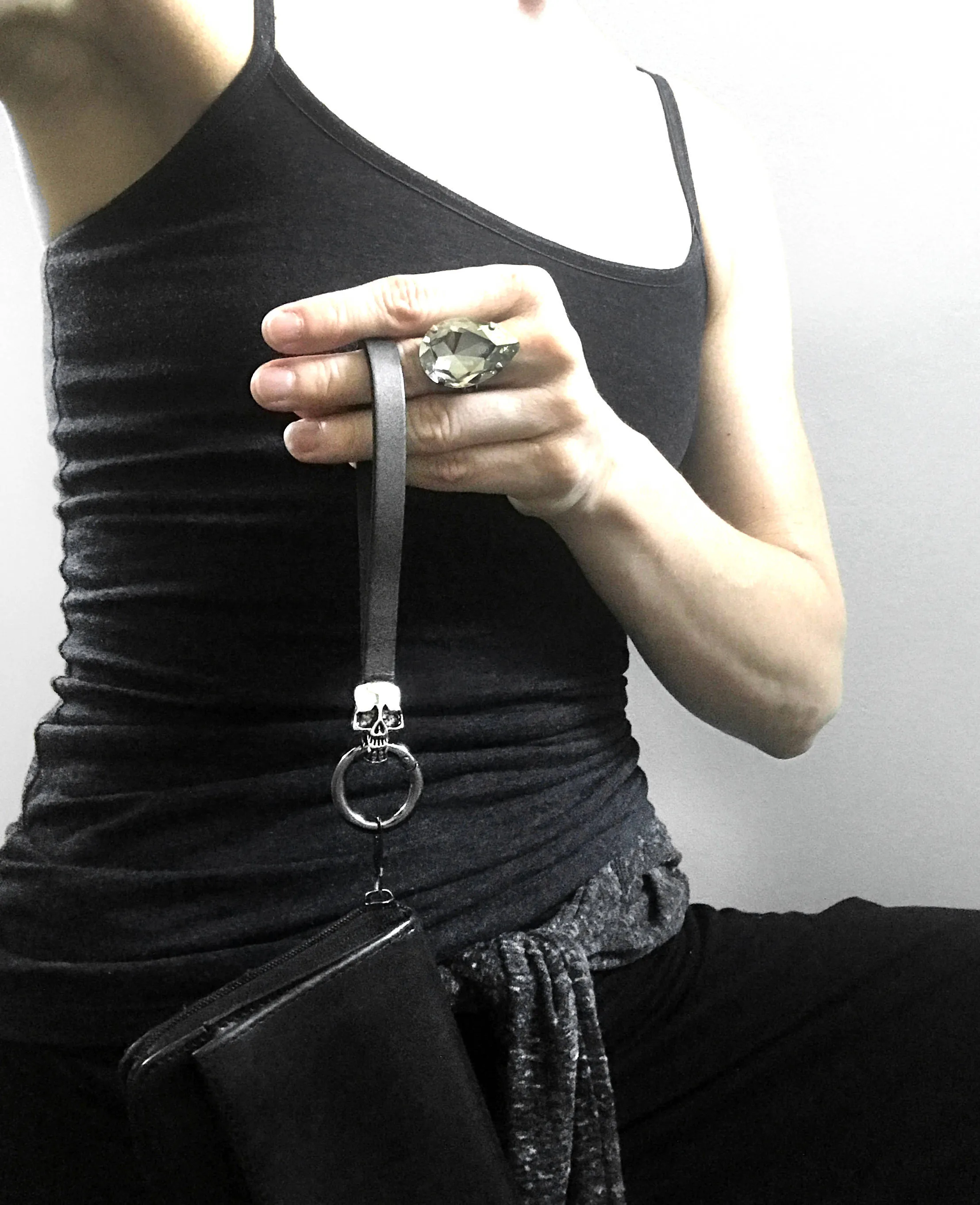 Silver Skull Keyring with Gunmetal Black Leather Wrist Strap