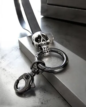 Silver Skull Keyring with Gunmetal Black Leather Wrist Strap