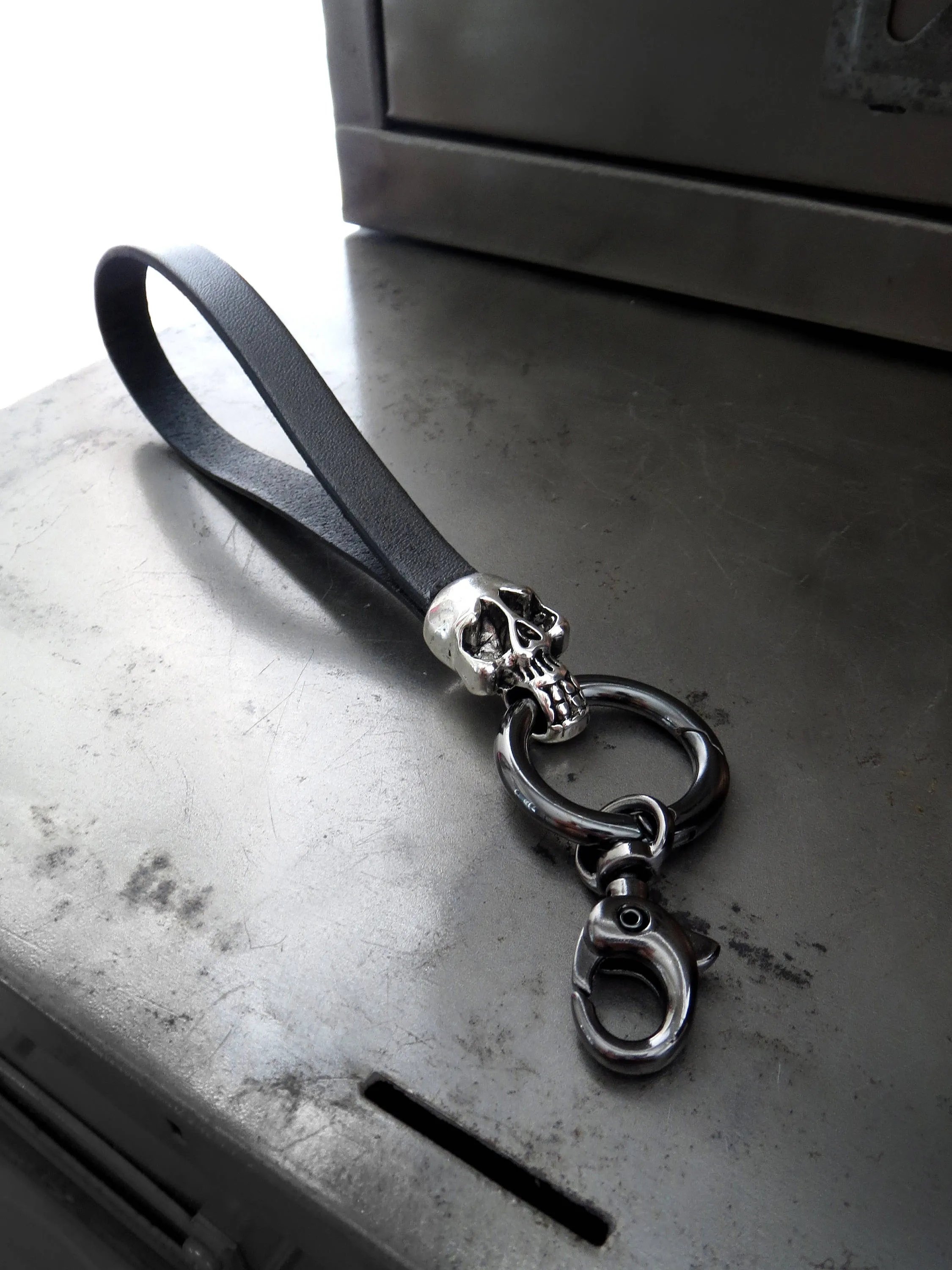 Silver Skull Keyring with Gunmetal Black Leather Wrist Strap
