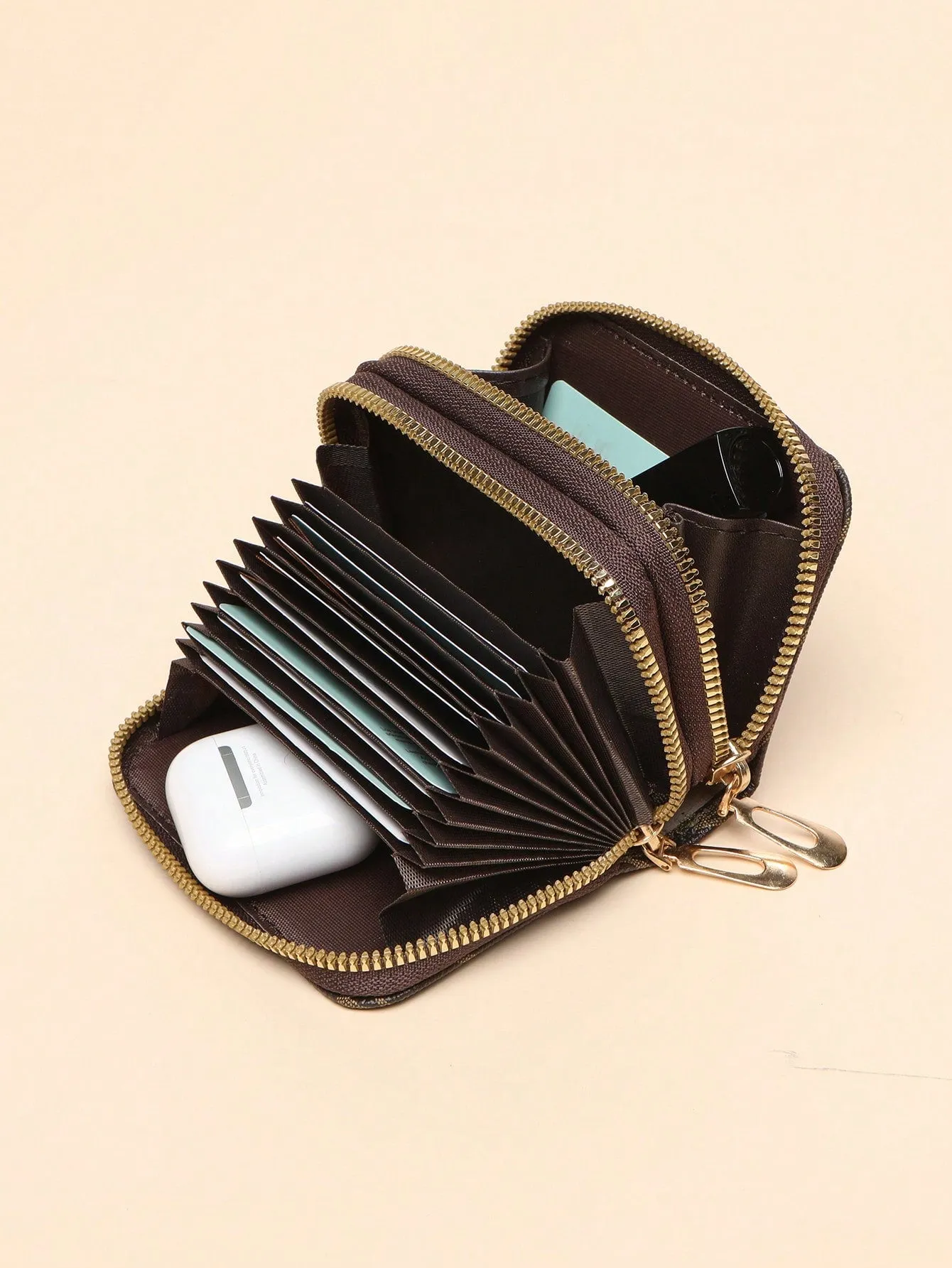 Simple Double-zip Accordion Style Coin Purs - Brown