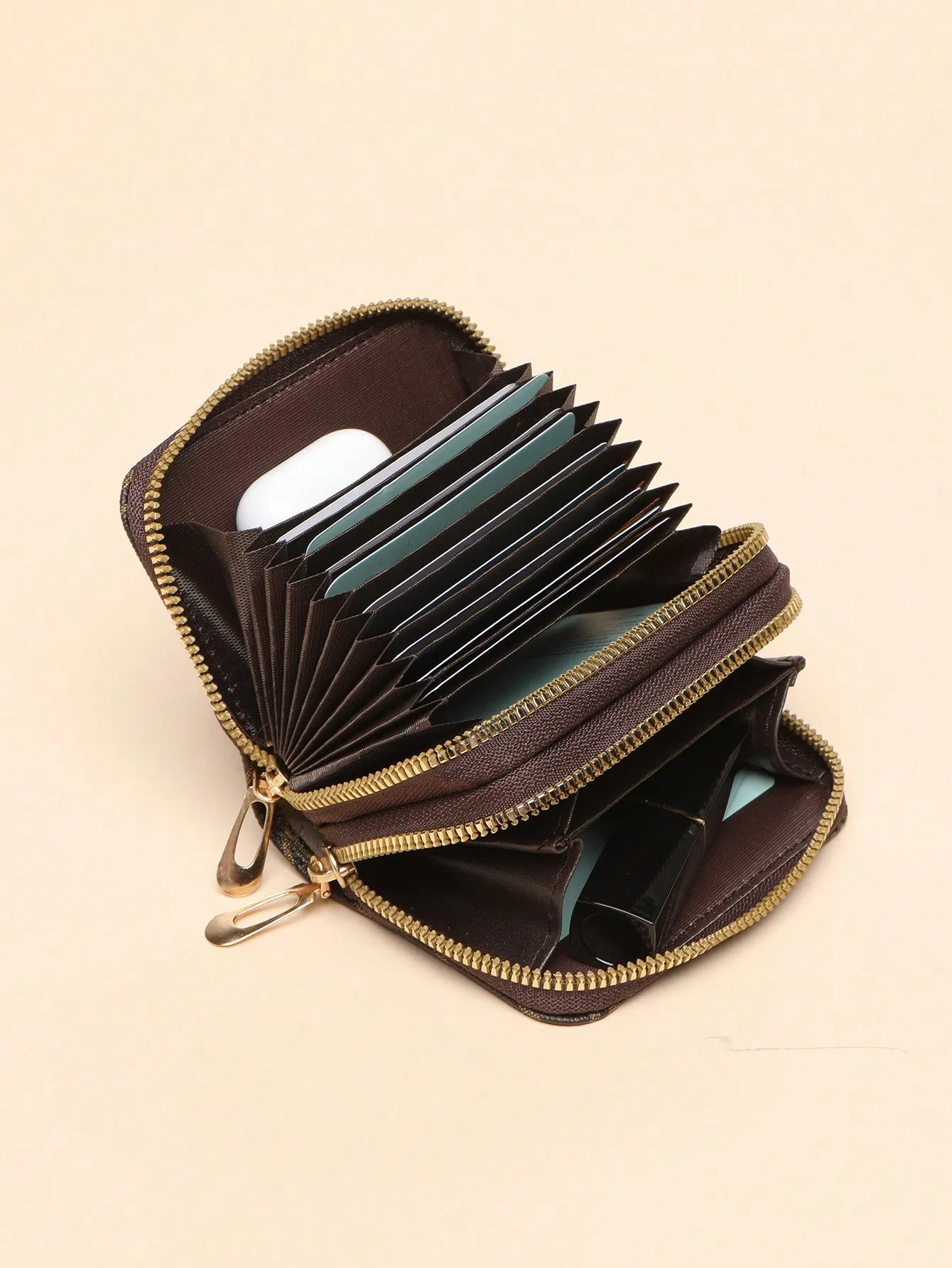 Simple Double-zip Accordion Style Coin Purs - Brown