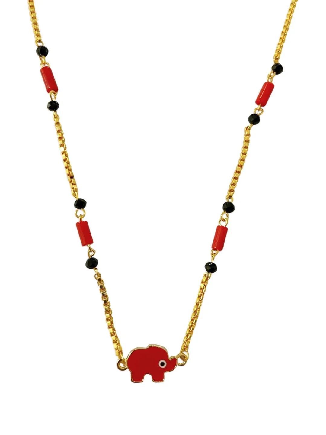 Simple Trendy Short Mangalsutra Designs Elephant Evil Eye Pendant Red & Black Beads Gold Chain