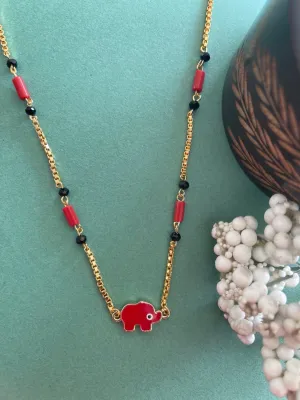 Simple Trendy Short Mangalsutra Designs Elephant Evil Eye Pendant Red & Black Beads Gold Chain