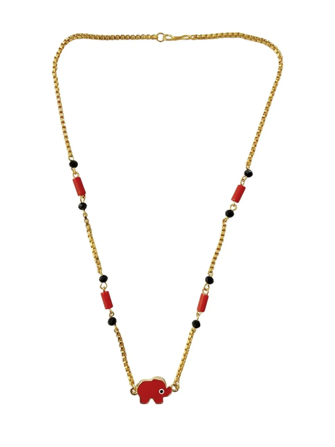 Simple Trendy Short Mangalsutra Designs Elephant Evil Eye Pendant Red & Black Beads Gold Chain