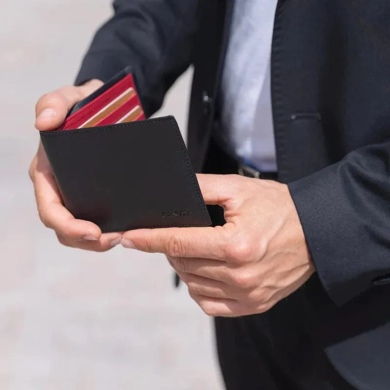 Slim Bifold Vegan Leather Wallet | Black & Red