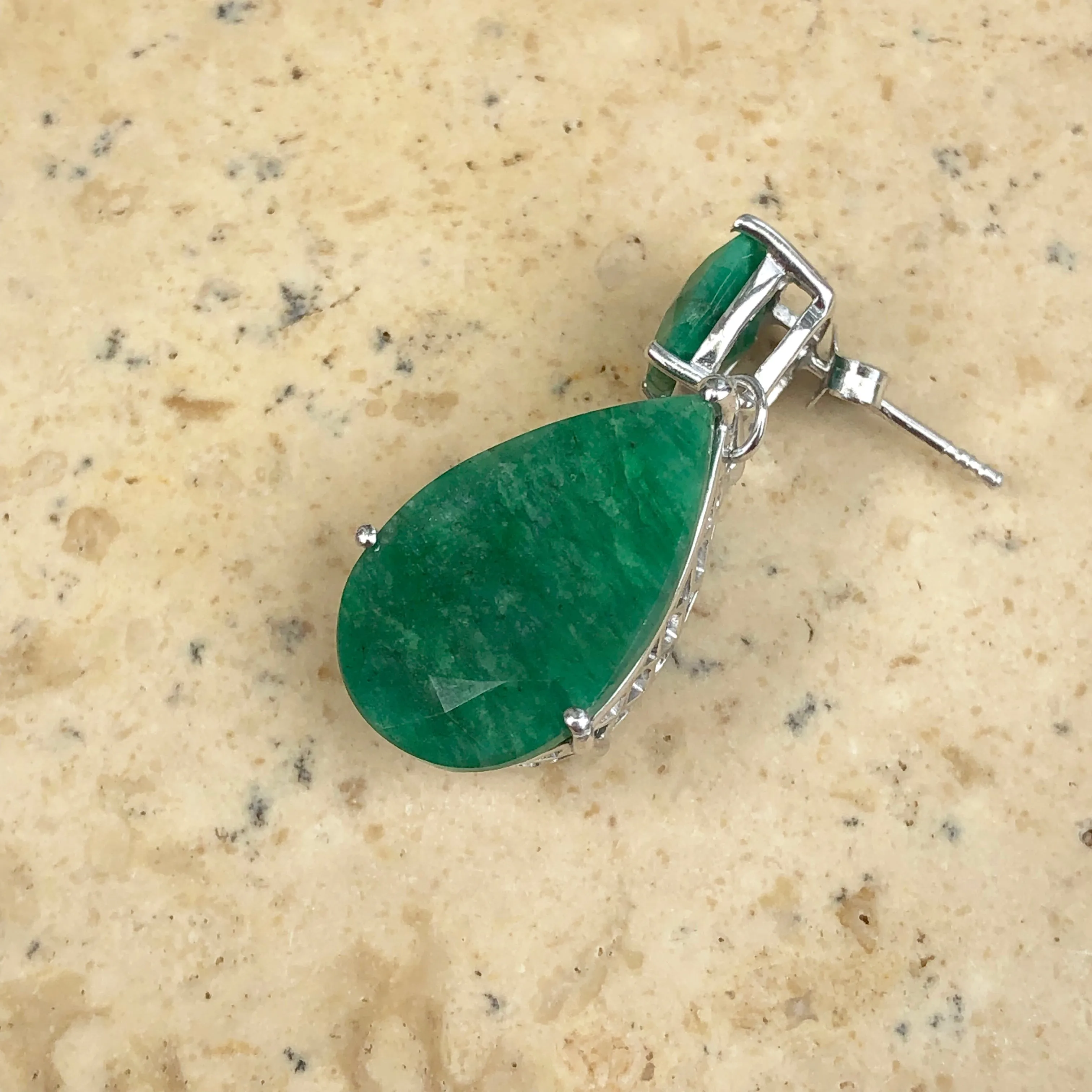 Sterling Silver Cushion Cut Teardrop Emerald Dangle Earrings