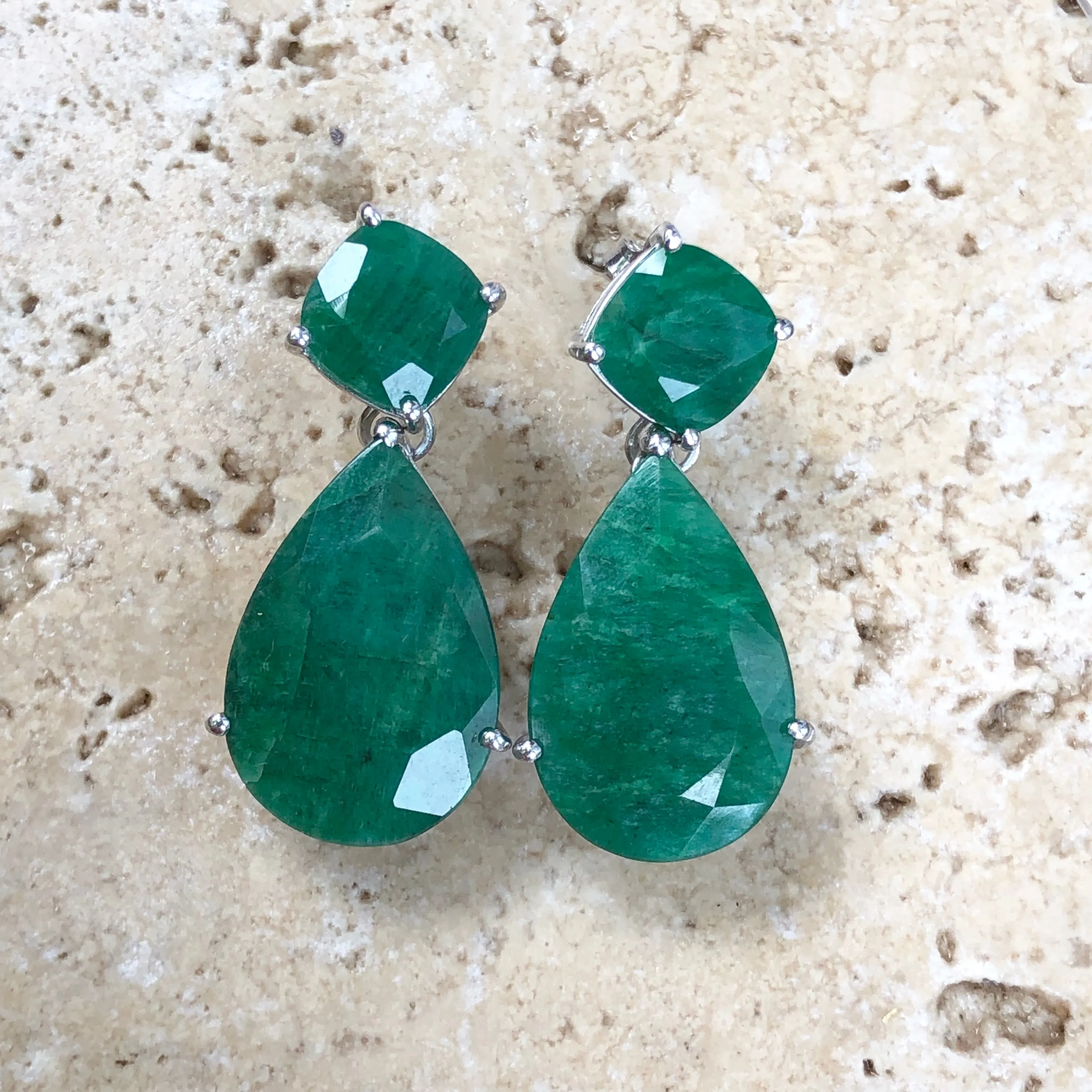 Sterling Silver Cushion Cut Teardrop Emerald Dangle Earrings