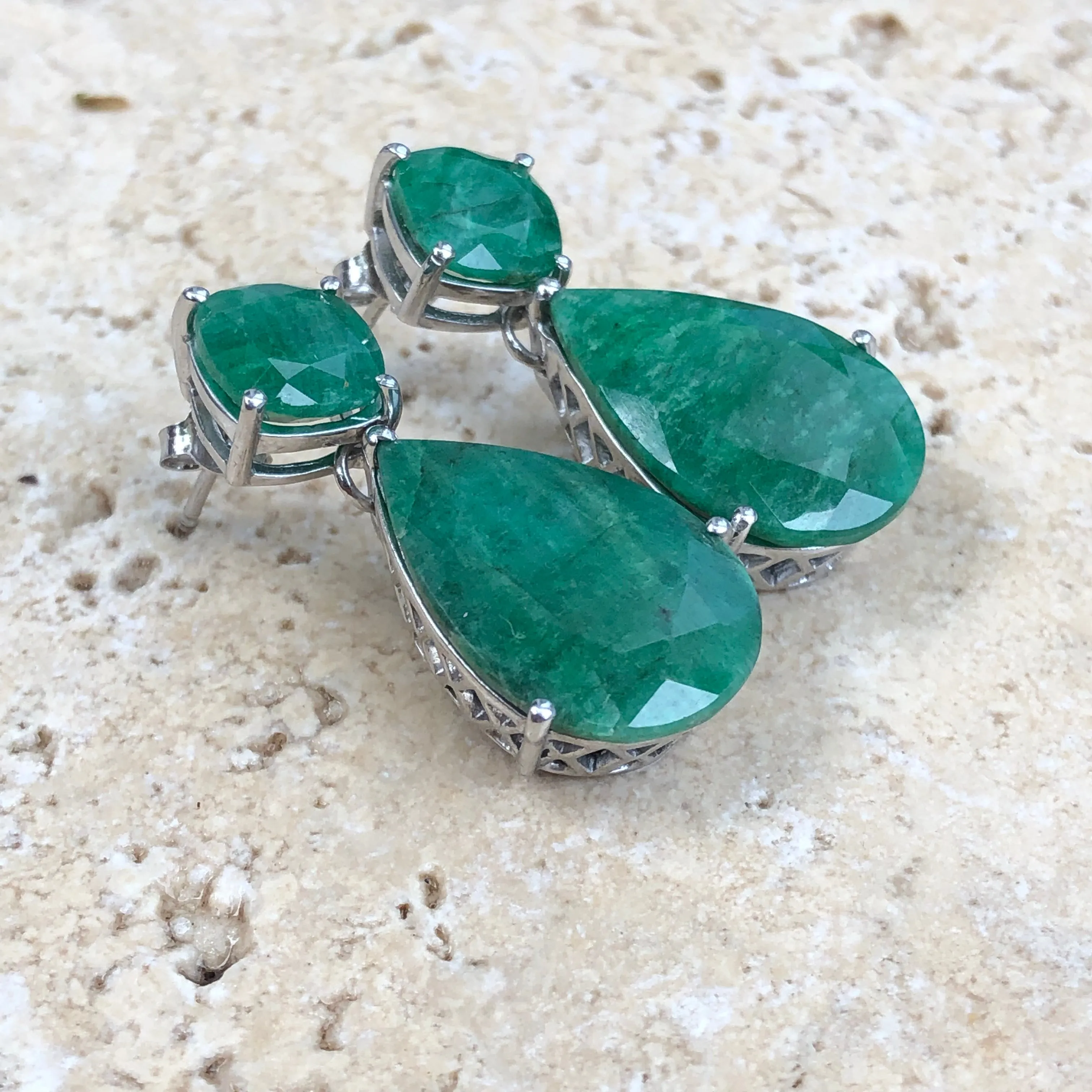 Sterling Silver Cushion Cut Teardrop Emerald Dangle Earrings