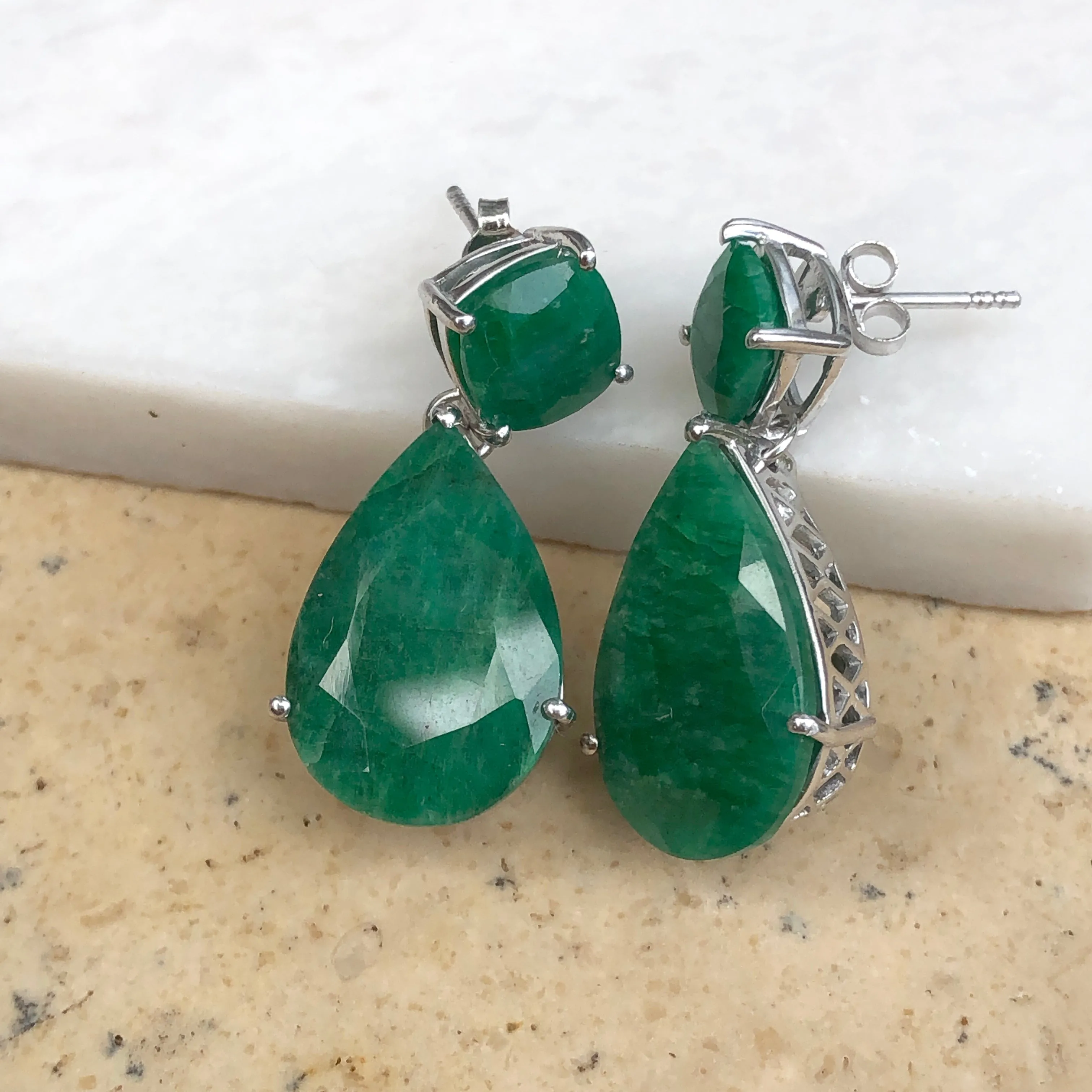Sterling Silver Cushion Cut Teardrop Emerald Dangle Earrings