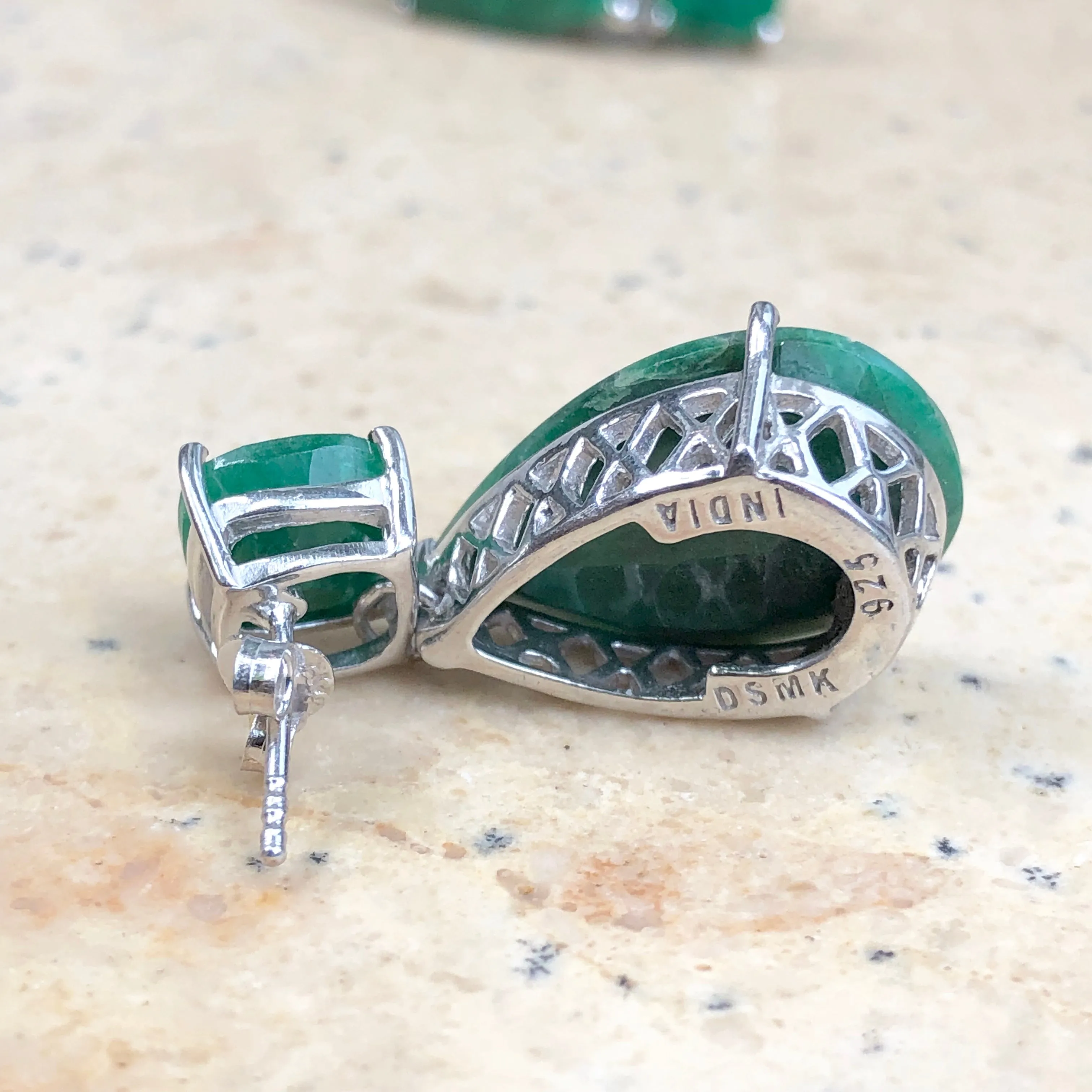 Sterling Silver Cushion Cut Teardrop Emerald Dangle Earrings
