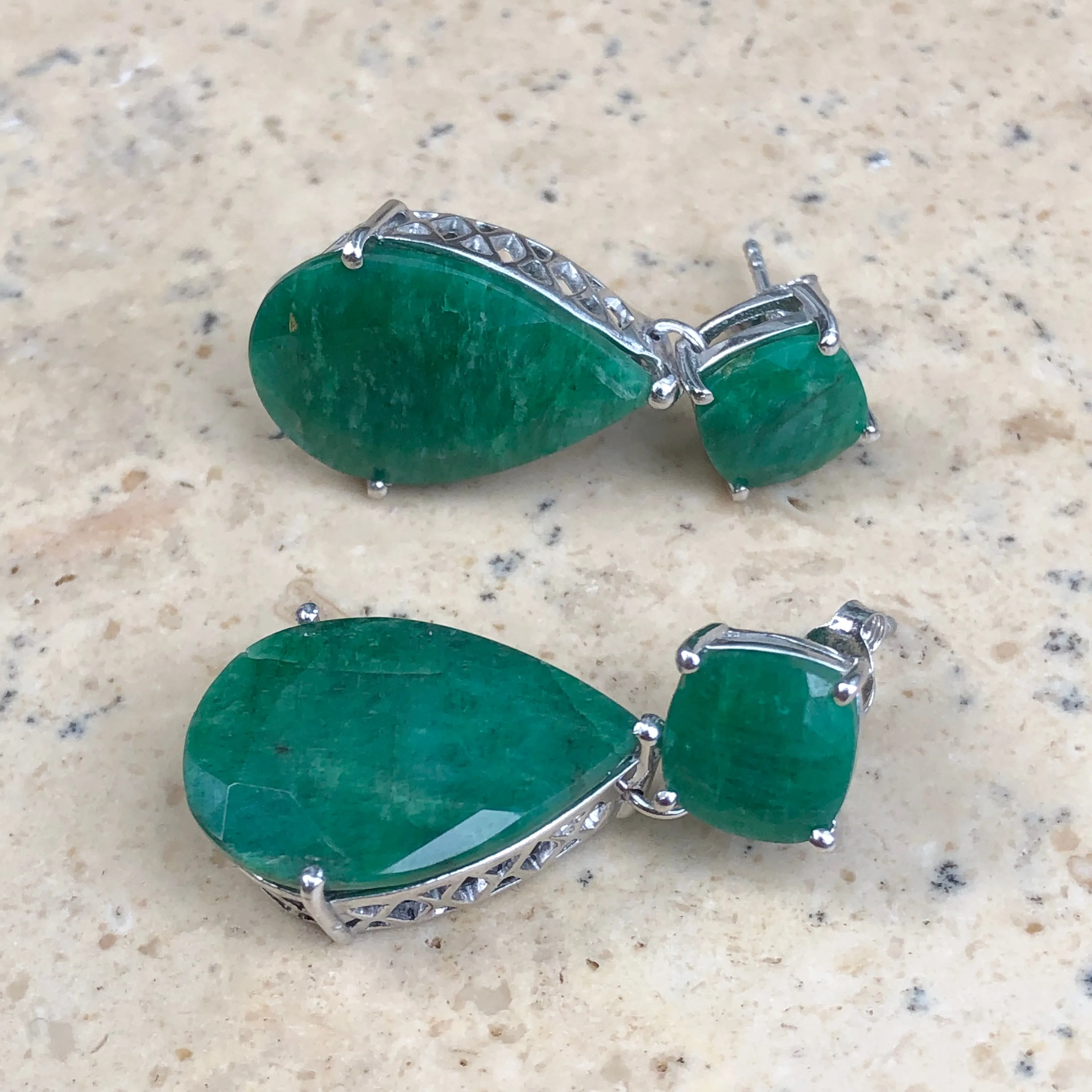 Sterling Silver Cushion Cut Teardrop Emerald Dangle Earrings