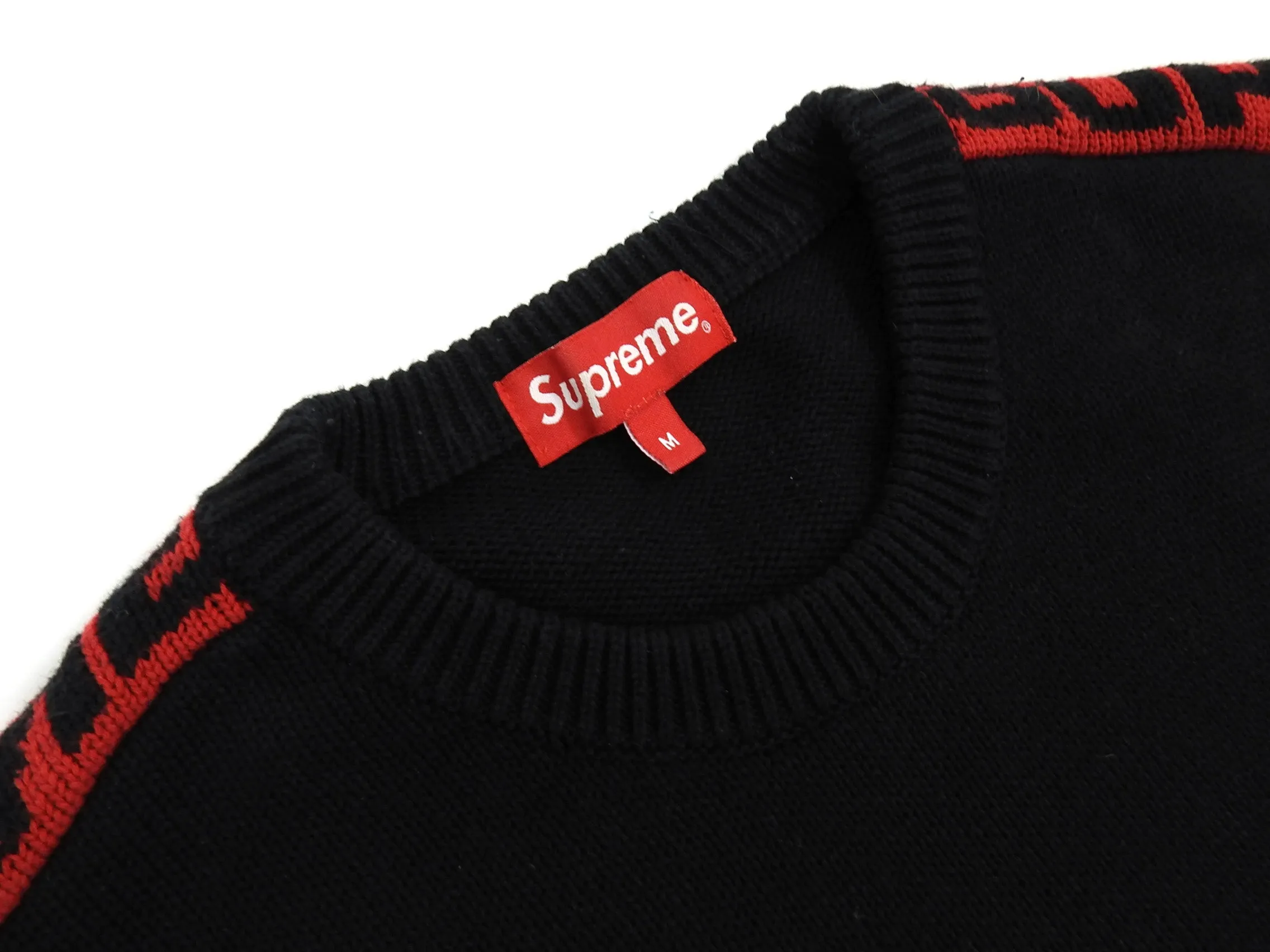 Supreme Black and Red Logo Stripe Pullover Sweater - M
