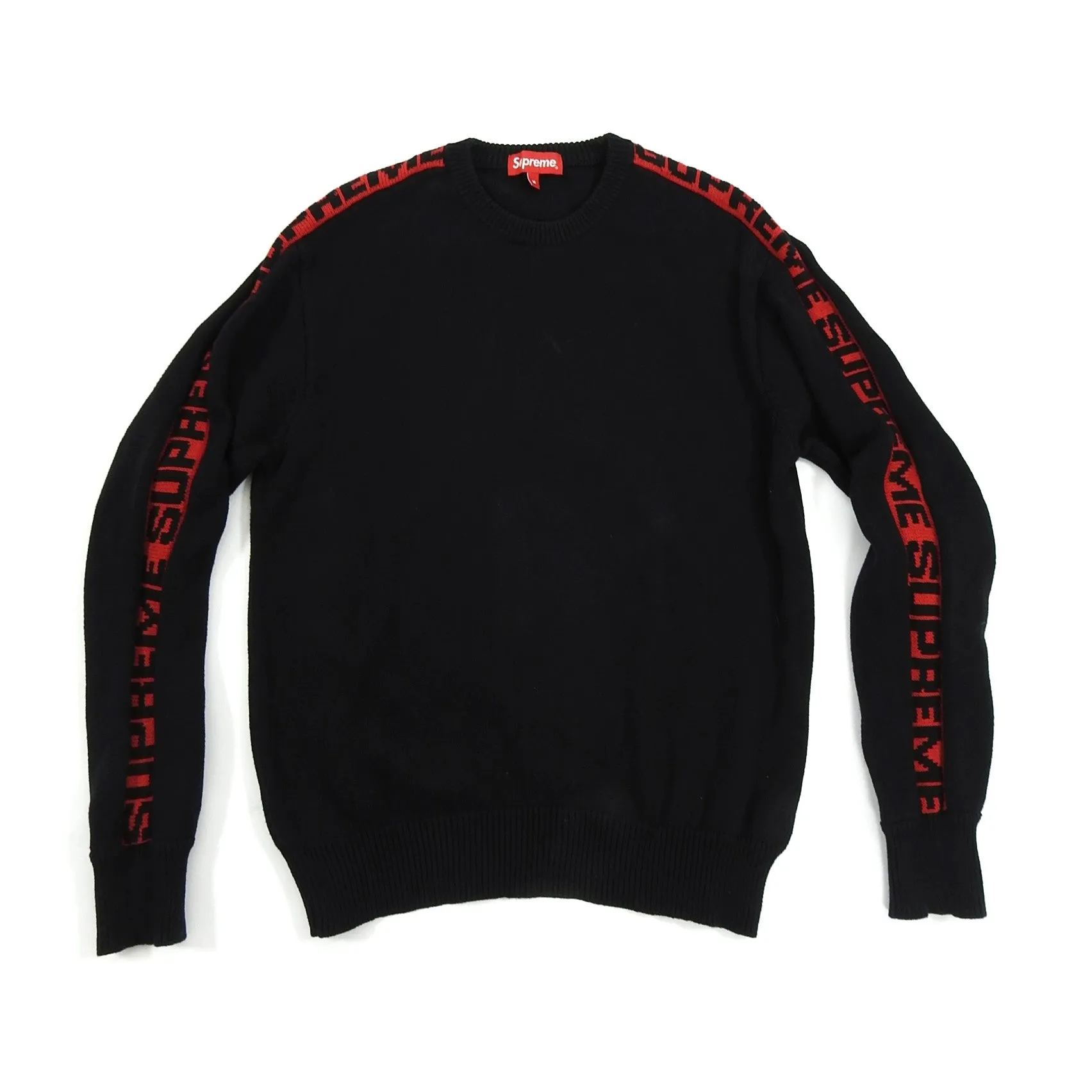 Supreme Black and Red Logo Stripe Pullover Sweater - M