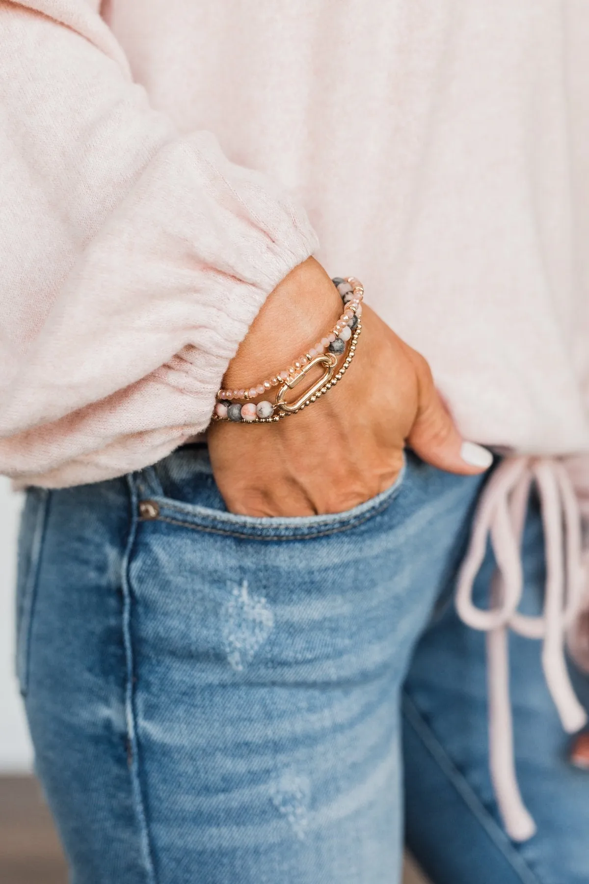 Sweet & Simple Beaded Bracelet Set- Gold & Pink