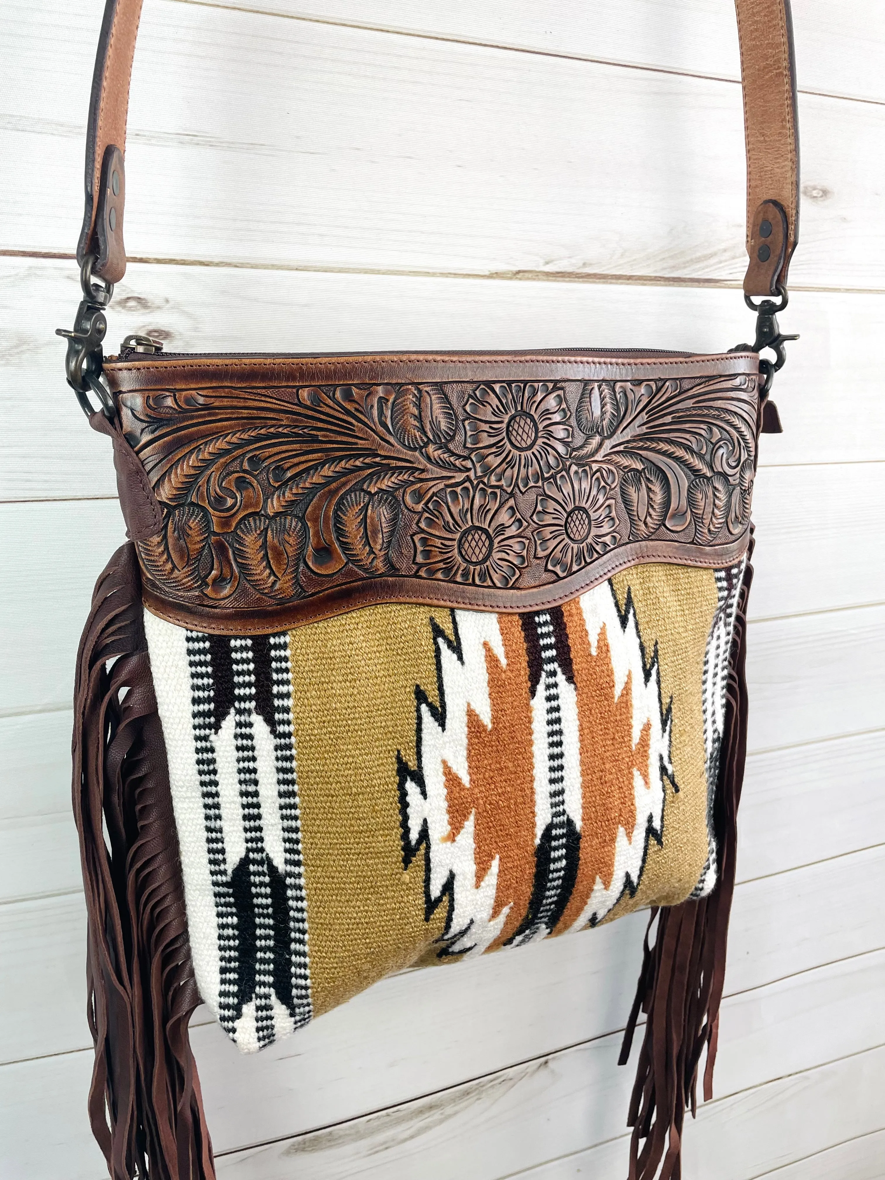 Tan and Brown Neutral Wool Leather Crossbody Bag