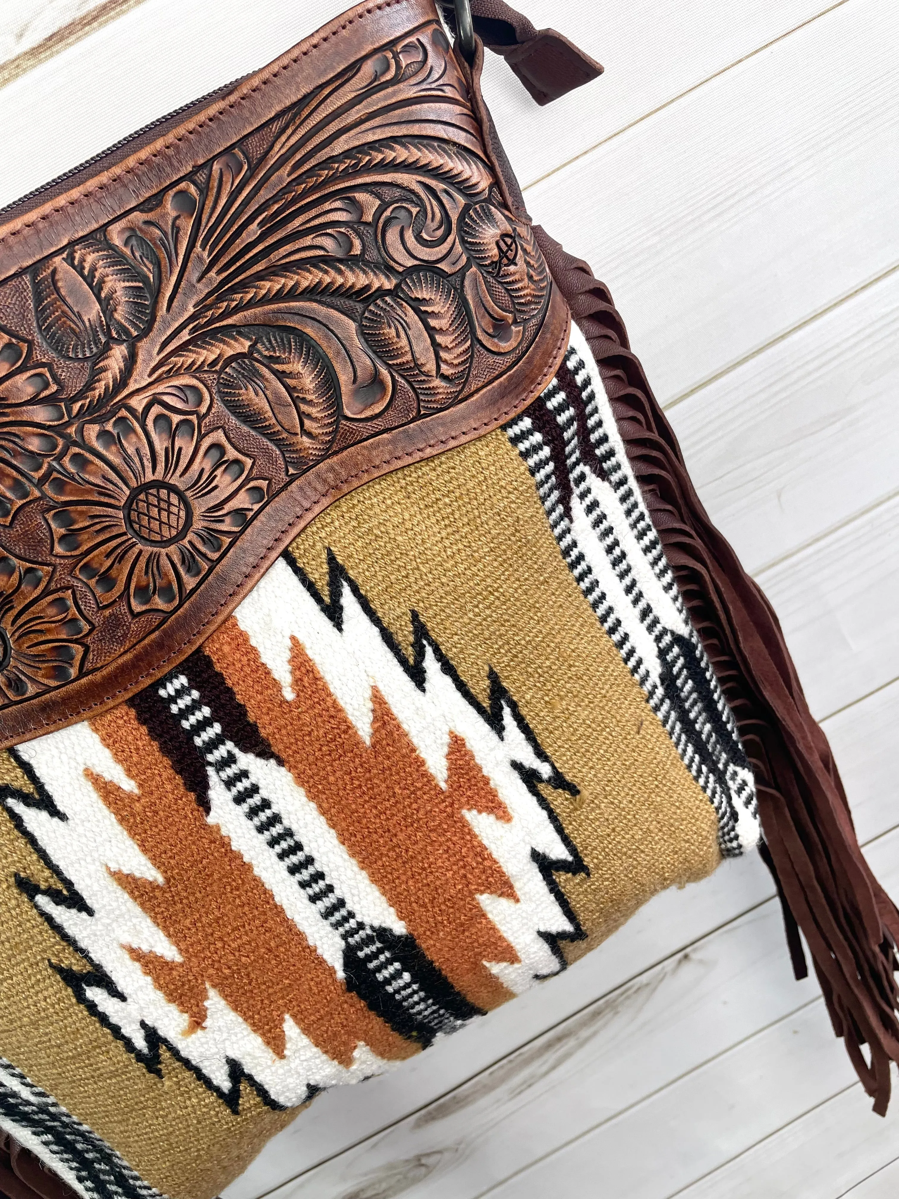 Tan and Brown Neutral Wool Leather Crossbody Bag