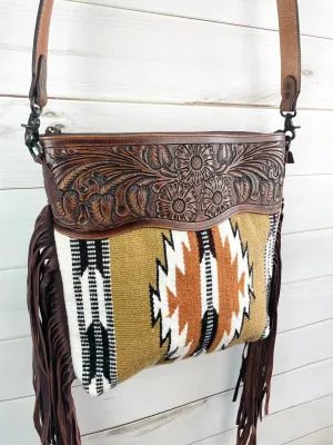 Tan and Brown Neutral Wool Leather Crossbody Bag