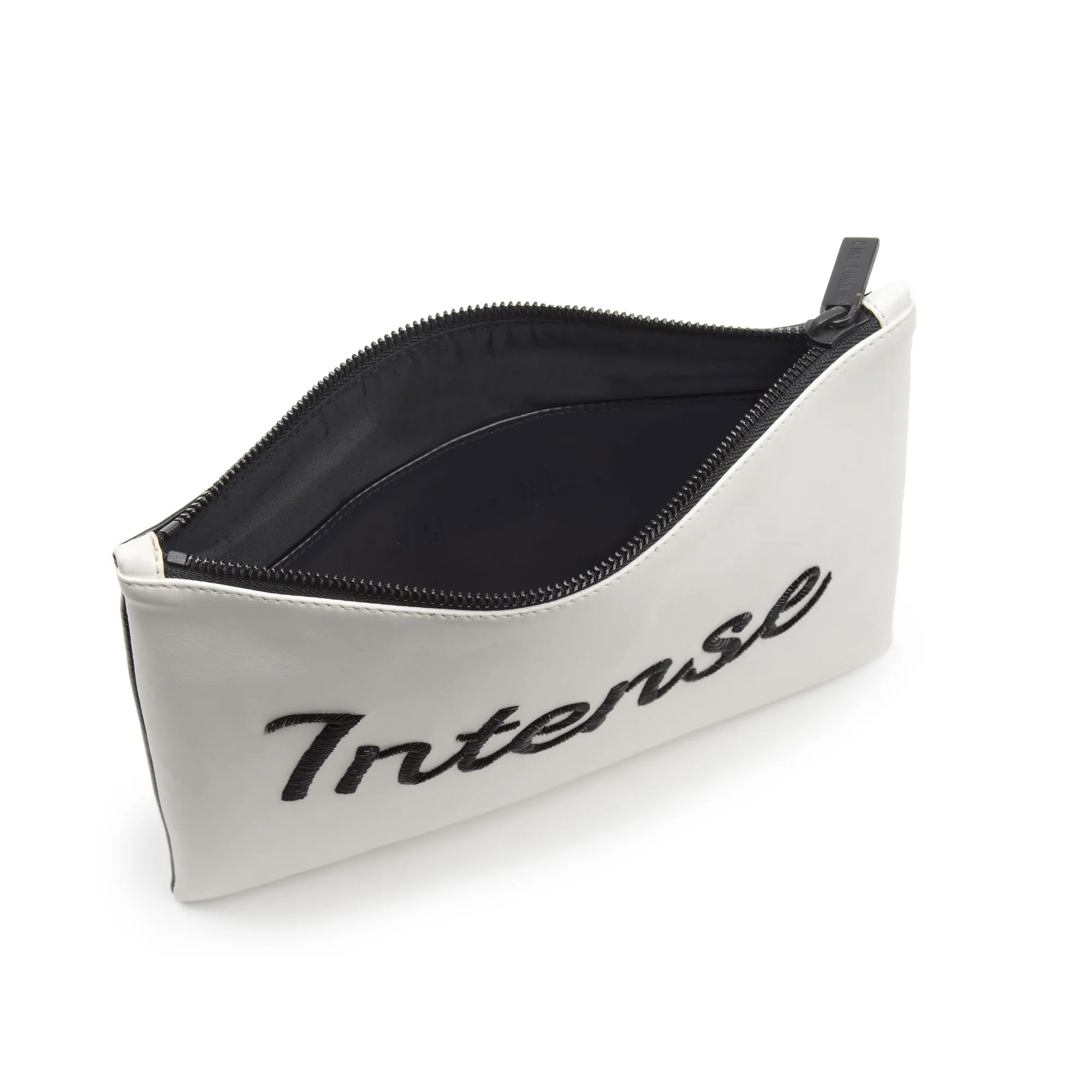 TEXT EMBROIDERED CLUTCH BAG