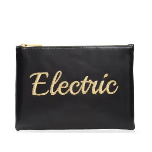 TEXT EMBROIDERED CLUTCH BAG