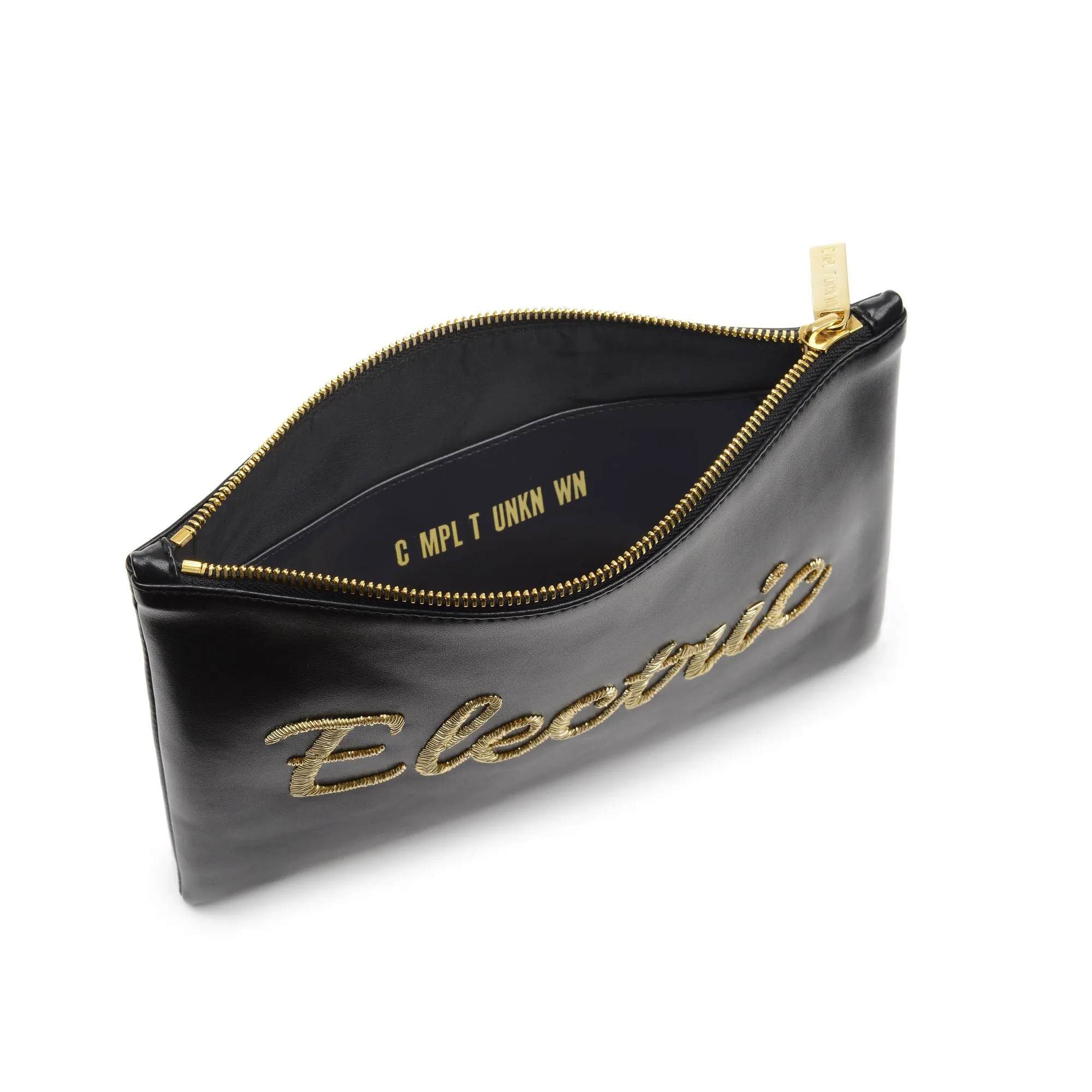 TEXT EMBROIDERED CLUTCH BAG
