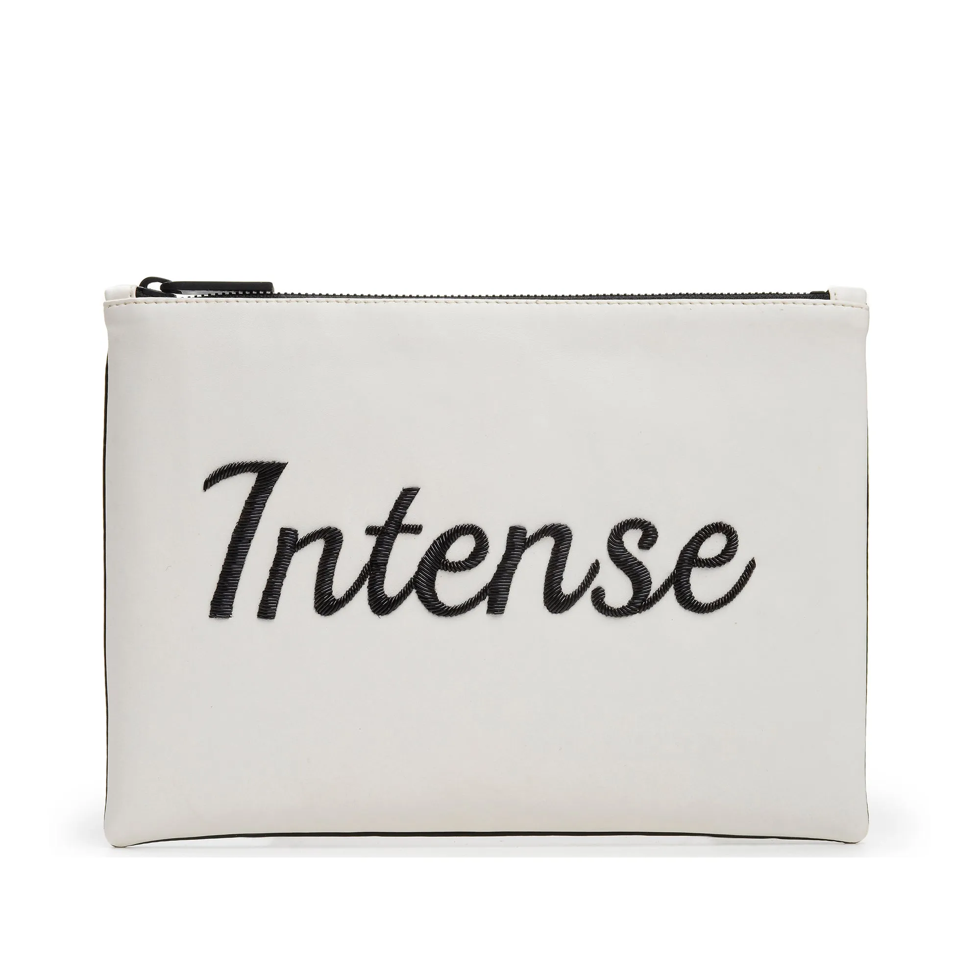 TEXT EMBROIDERED CLUTCH BAG