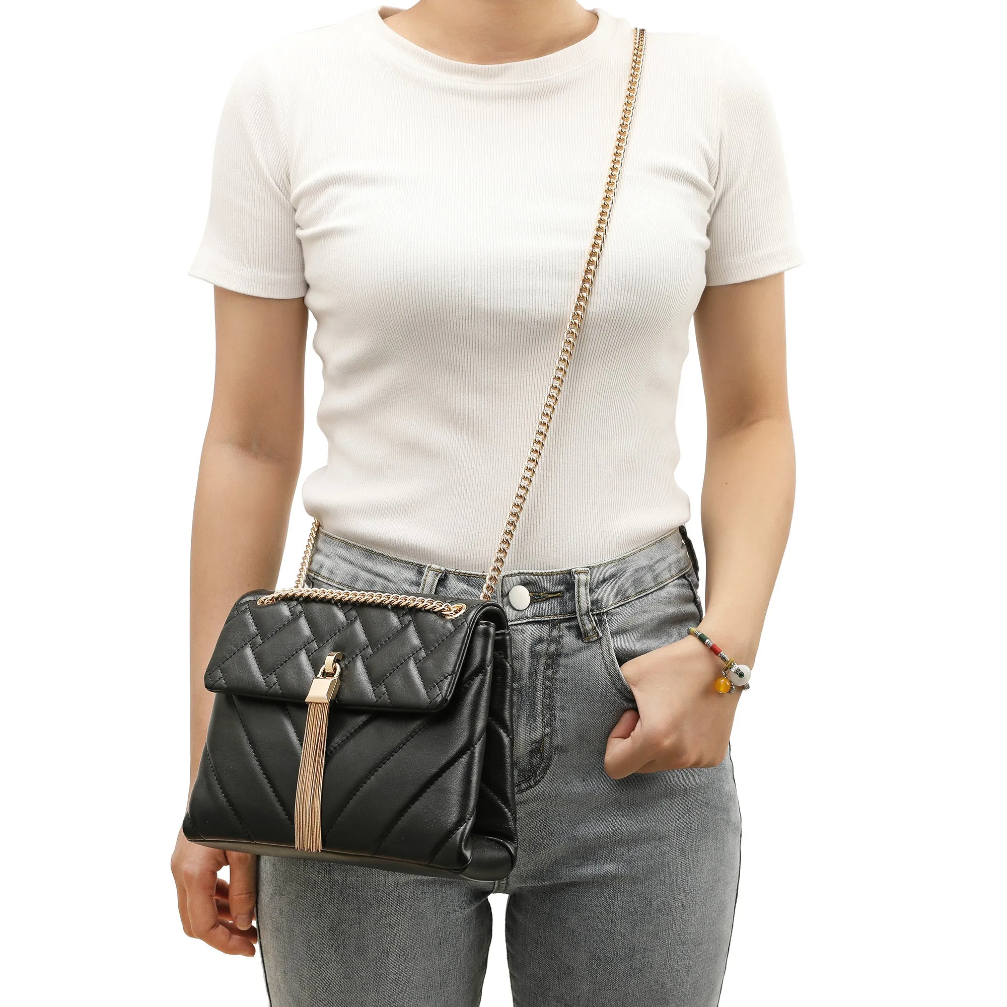 Tiffany & Fred Quilted Sheepskin Tassel Crossbody