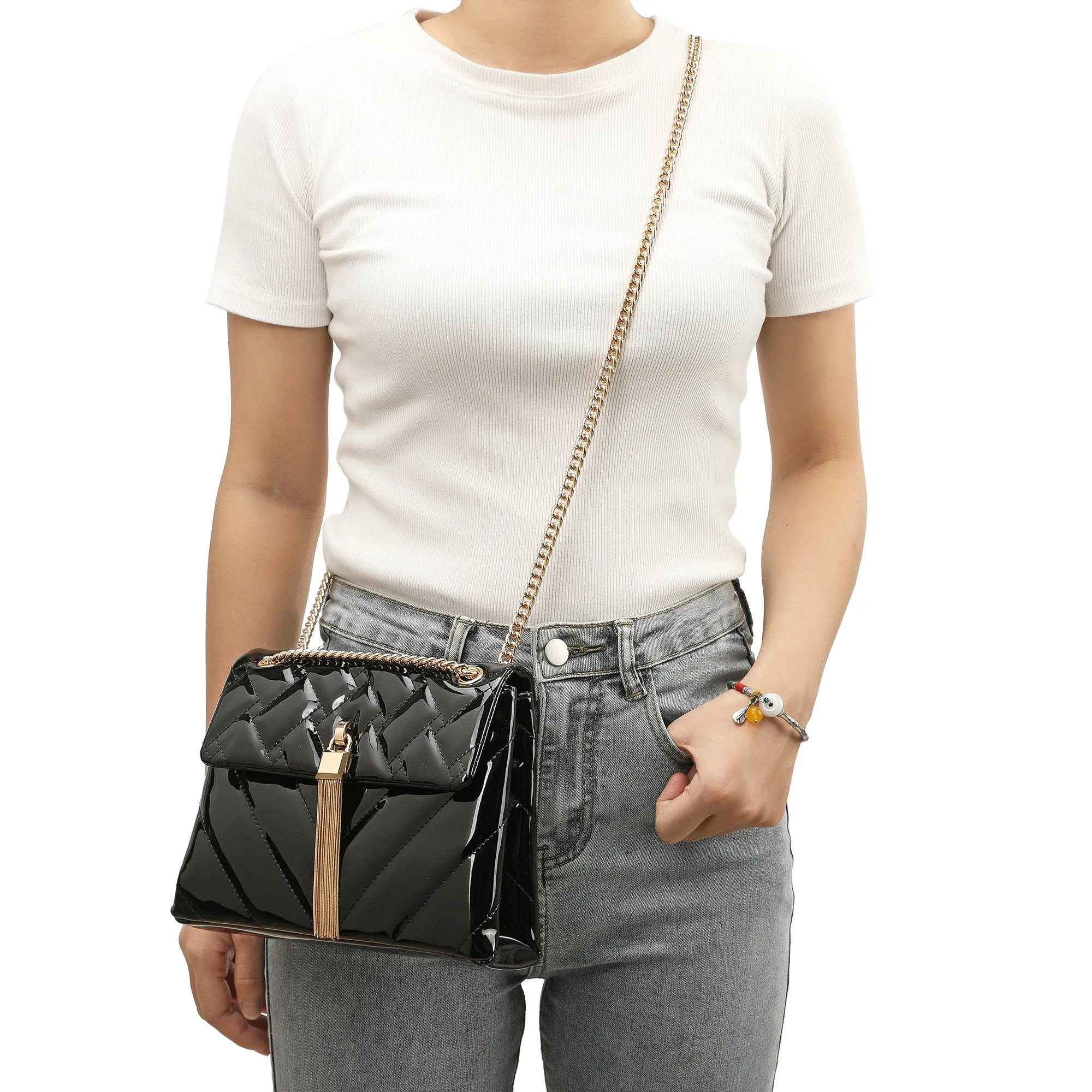 Tiffany & Fred Quilted Sheepskin Tassel Crossbody