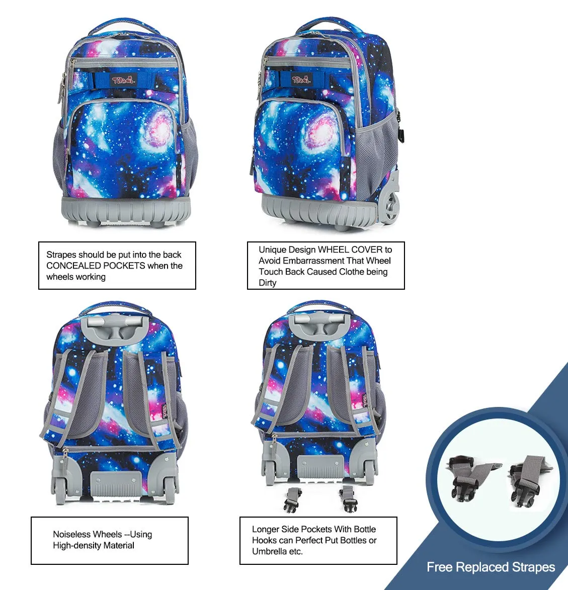 Tilami Deep Blue Galaxy Rolling Backpack 19 inch with Lunch Bag