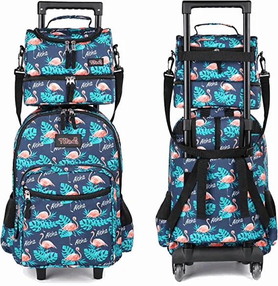 Tilami Flamingo Black Rolling Backpack 18 inch with Lunch Bag