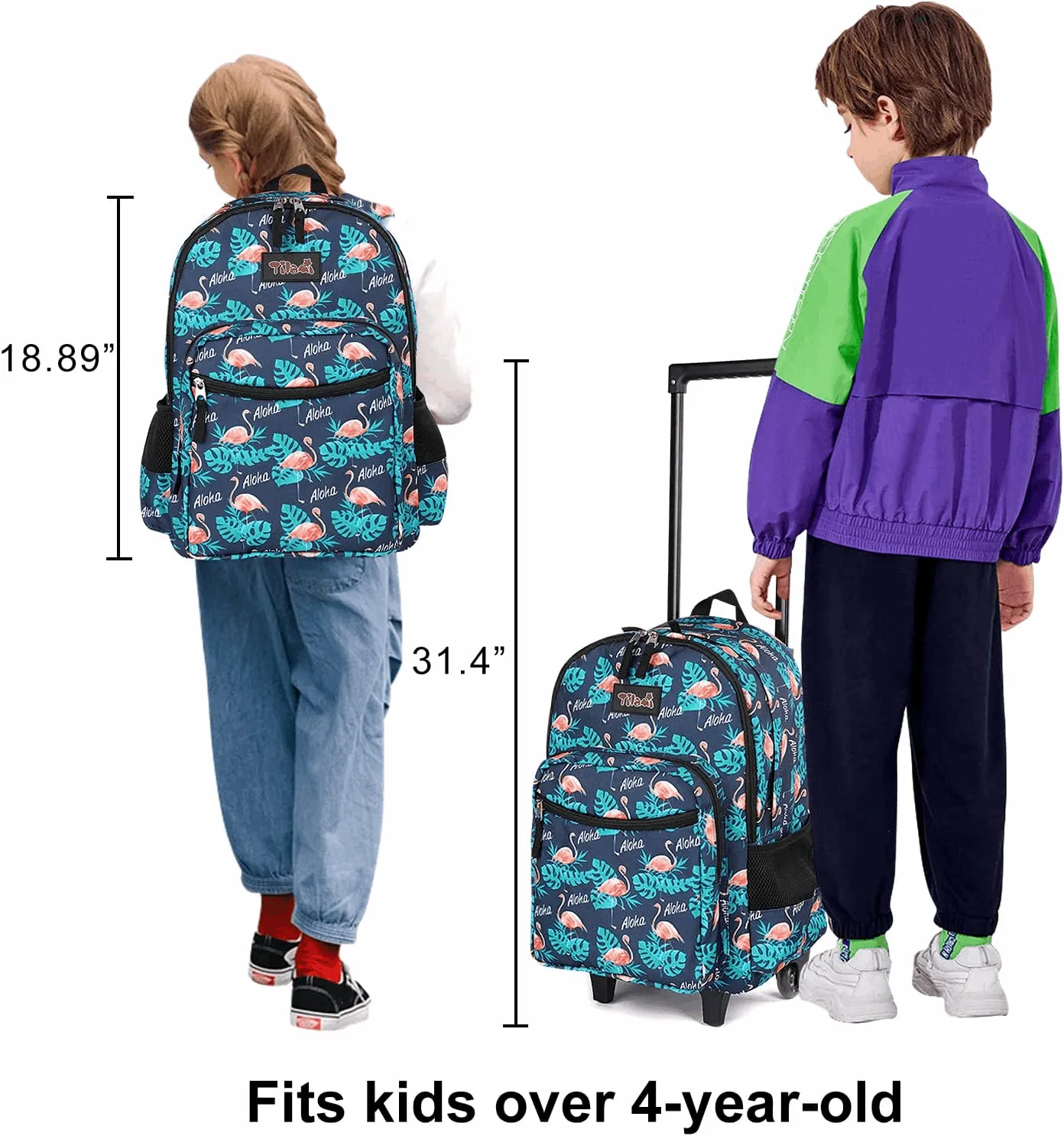 Tilami Flamingo Black Rolling Backpack 18 inch with Lunch Bag