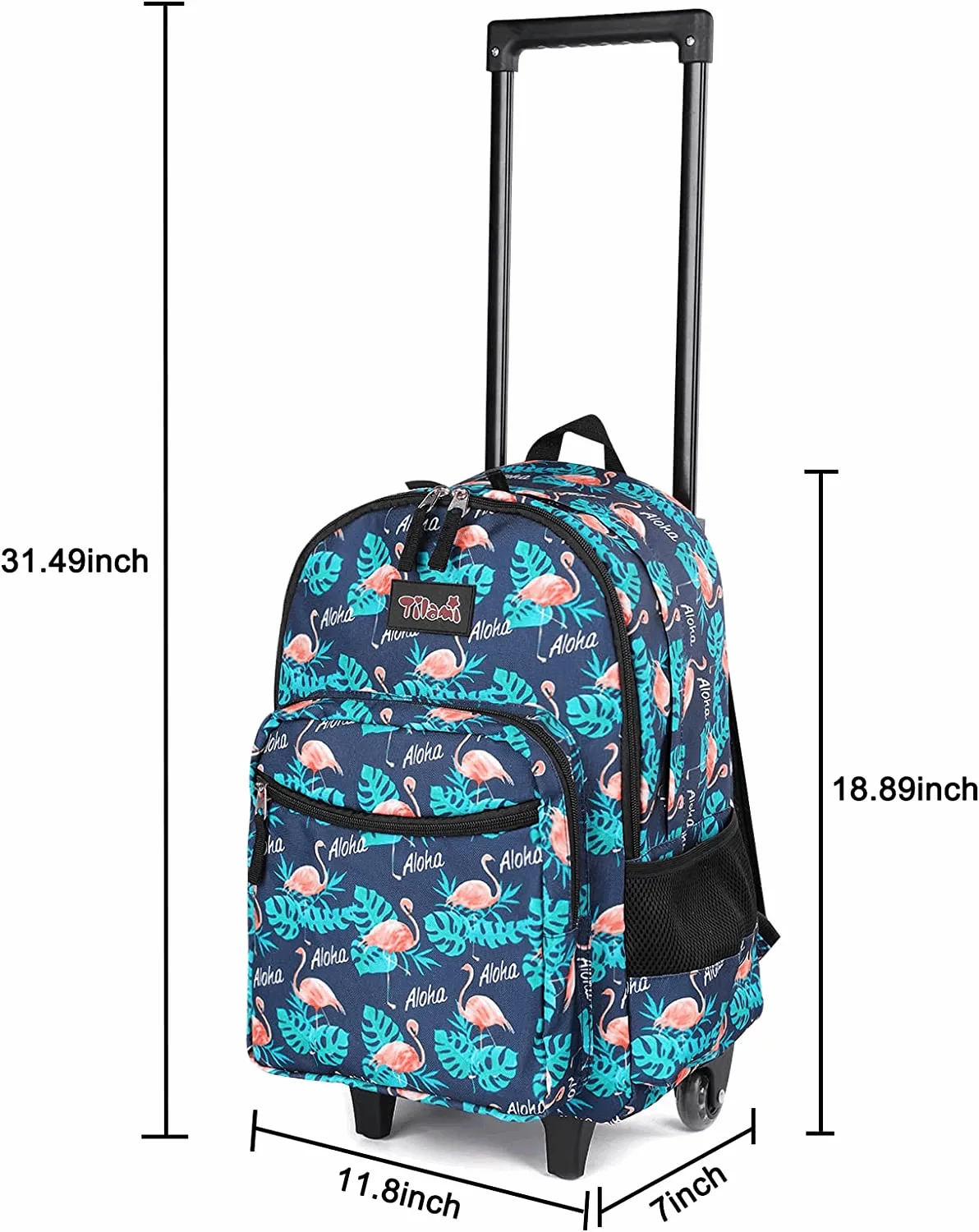 Tilami Flamingo Black Rolling Backpack 18 inch with Lunch Bag