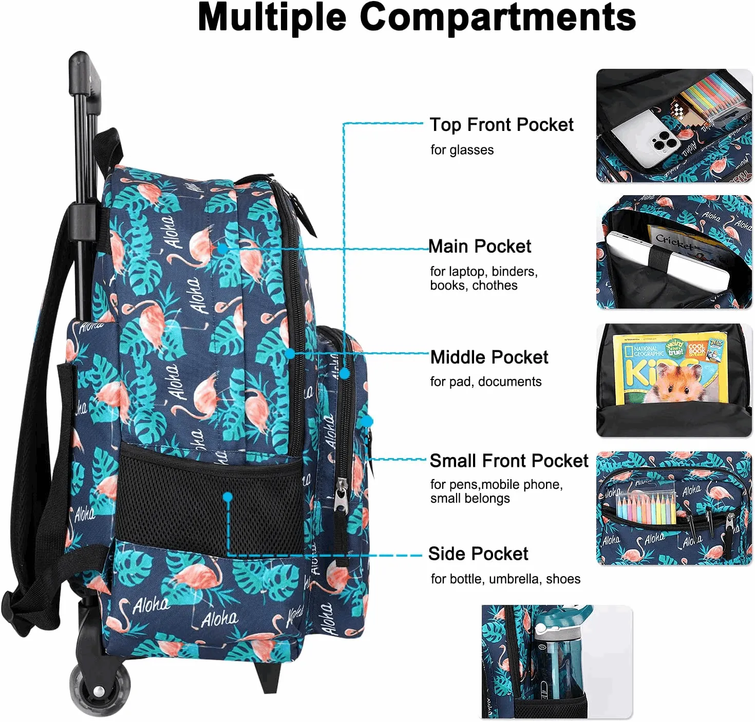 Tilami Flamingo Black Rolling Backpack 18 inch with Lunch Bag