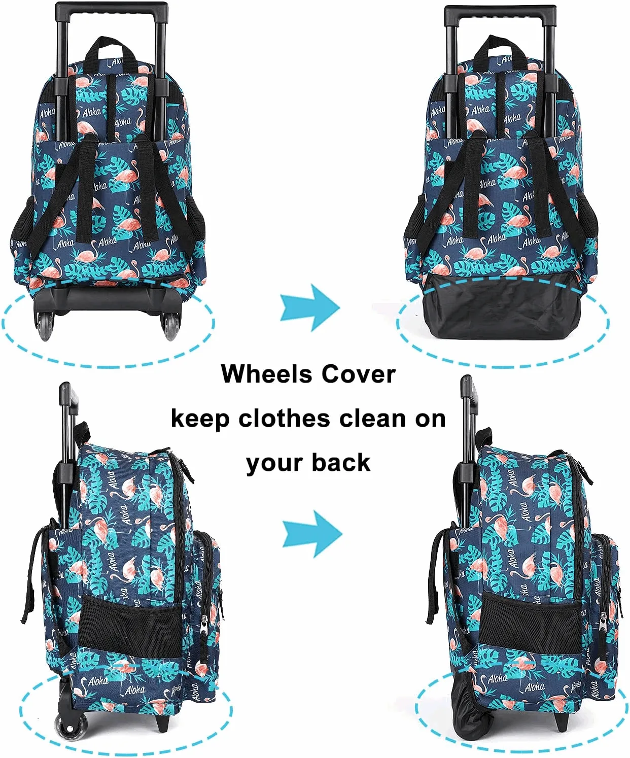 Tilami Flamingo Black Rolling Backpack 18 inch with Lunch Bag