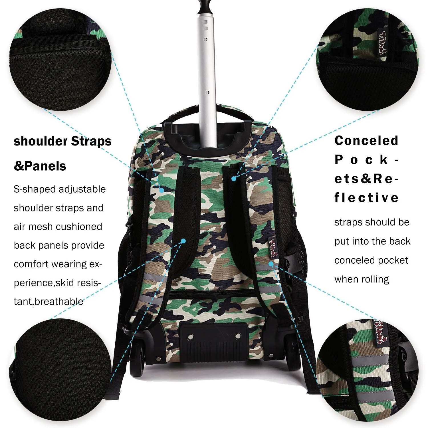 Tilami Green Dinosaur 19 inch Rolling Backpack Boys Laptop Backpack