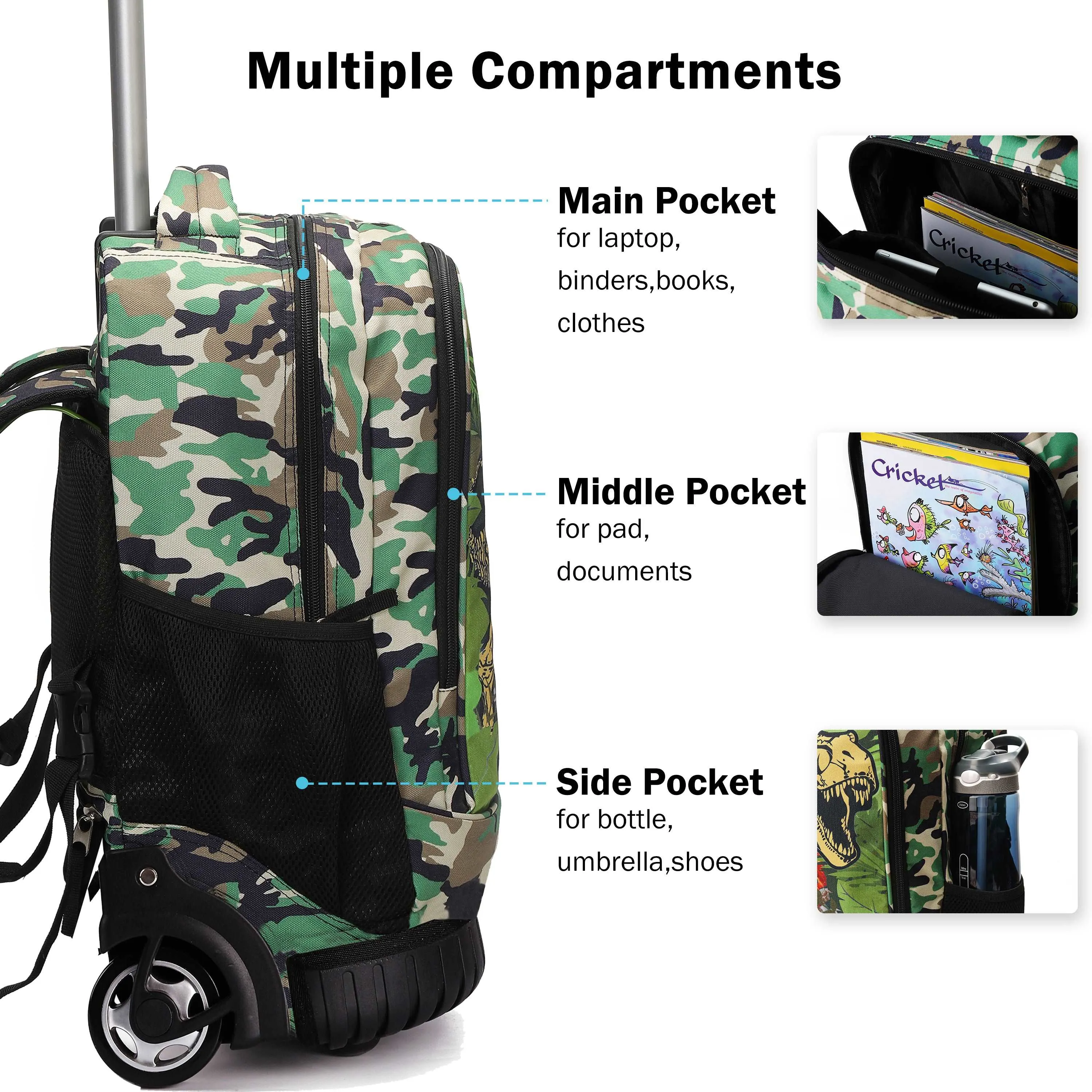 Tilami Green Dinosaur 19 inch Rolling Backpack Boys Laptop Backpack