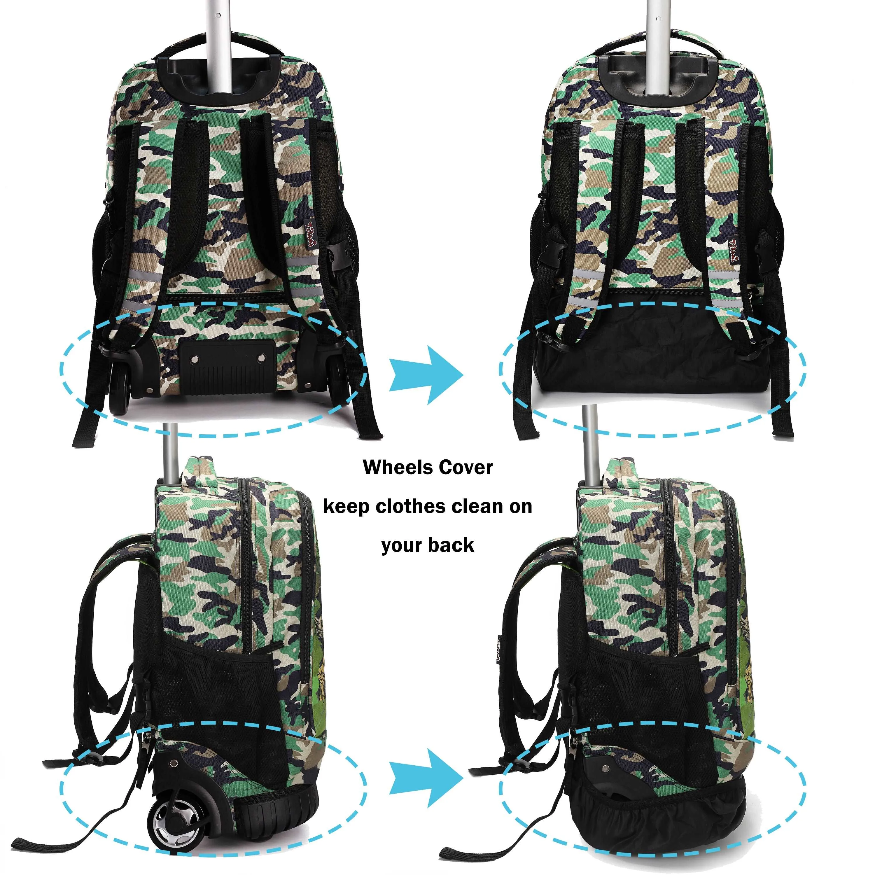 Tilami Green Dinosaur 19 inch Rolling Backpack Boys Laptop Backpack