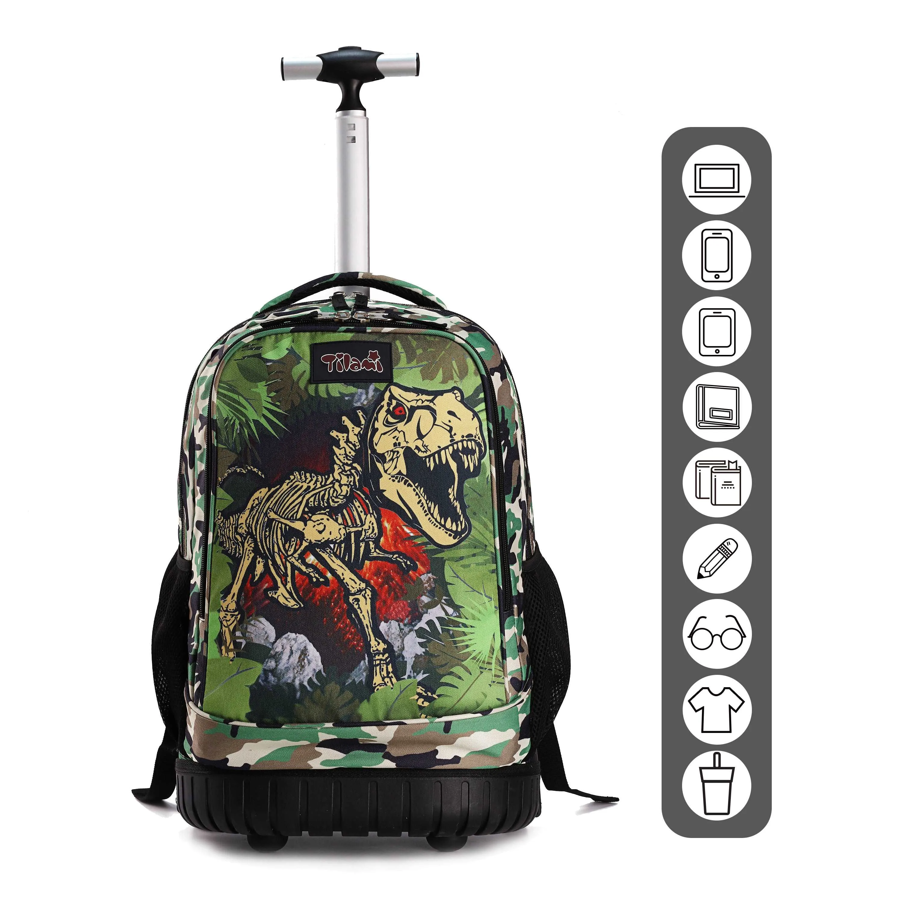 Tilami Green Dinosaur 19 inch Rolling Backpack Boys Laptop Backpack