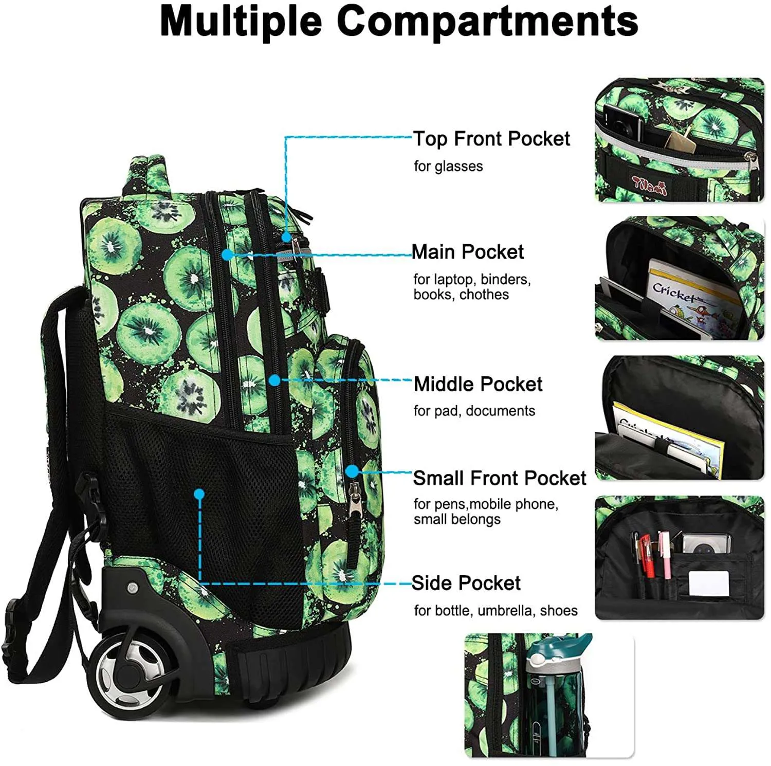 Tilami Green Kiwifruit Print Rolling Backpack Laptop 19 inch with Lunch Bag