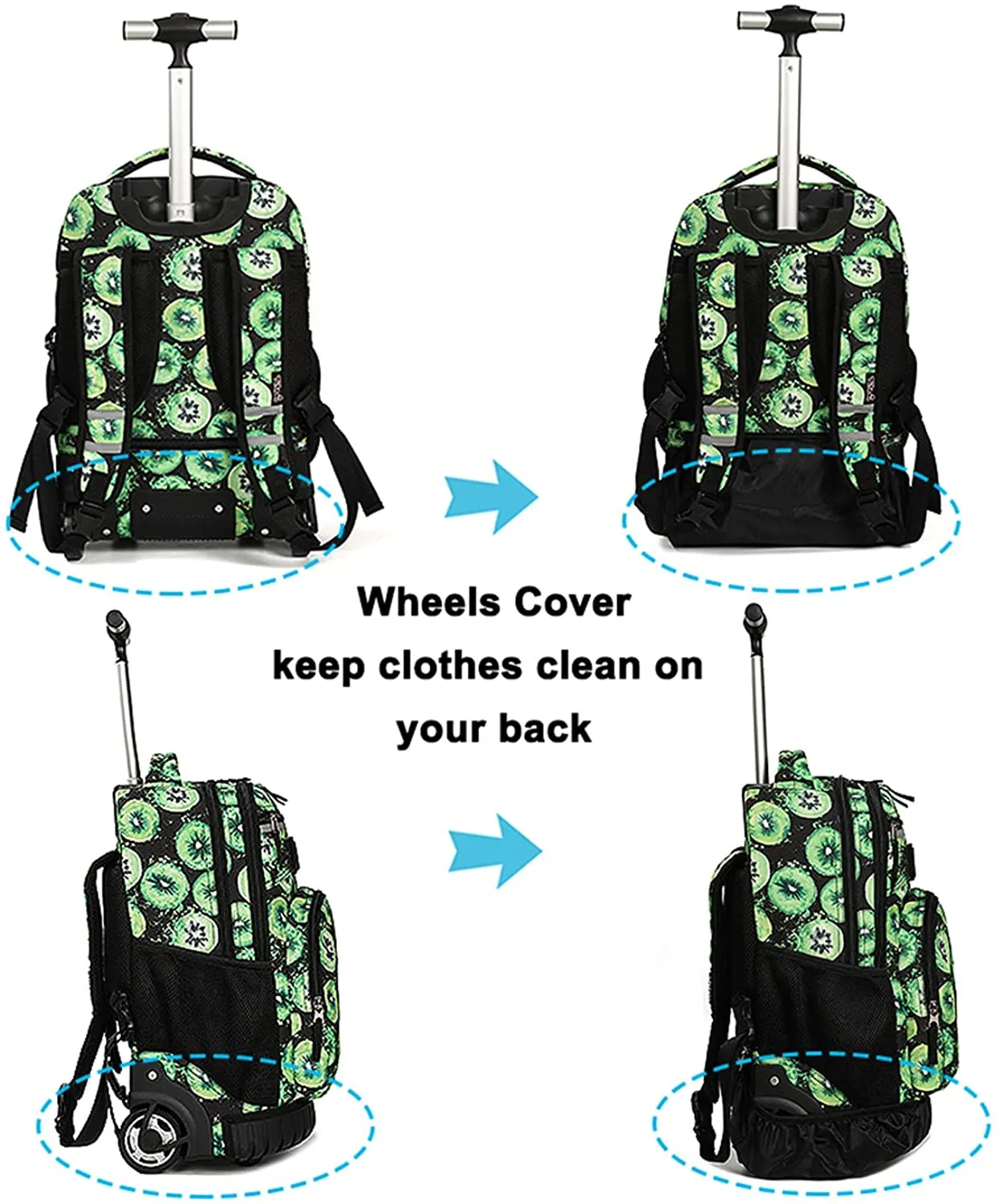 Tilami Green Kiwifruit Print Rolling Backpack Laptop 19 inch with Lunch Bag