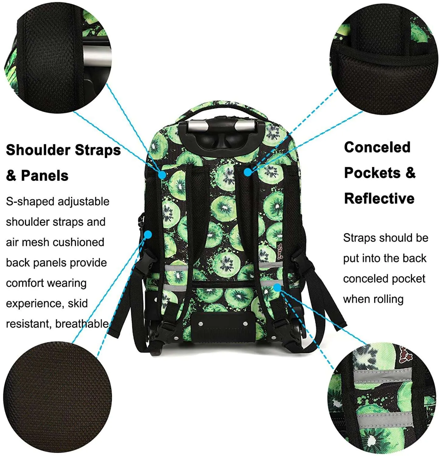 Tilami Green Kiwifruit Print Rolling Backpack Laptop 19 inch with Lunch Bag