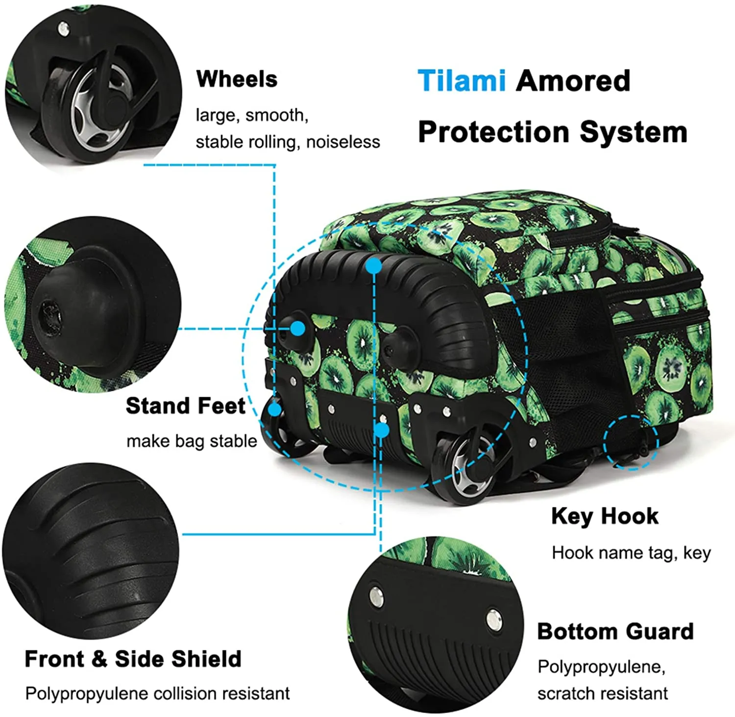 Tilami Green Kiwifruit Print Rolling Backpack Laptop 19 inch with Lunch Bag