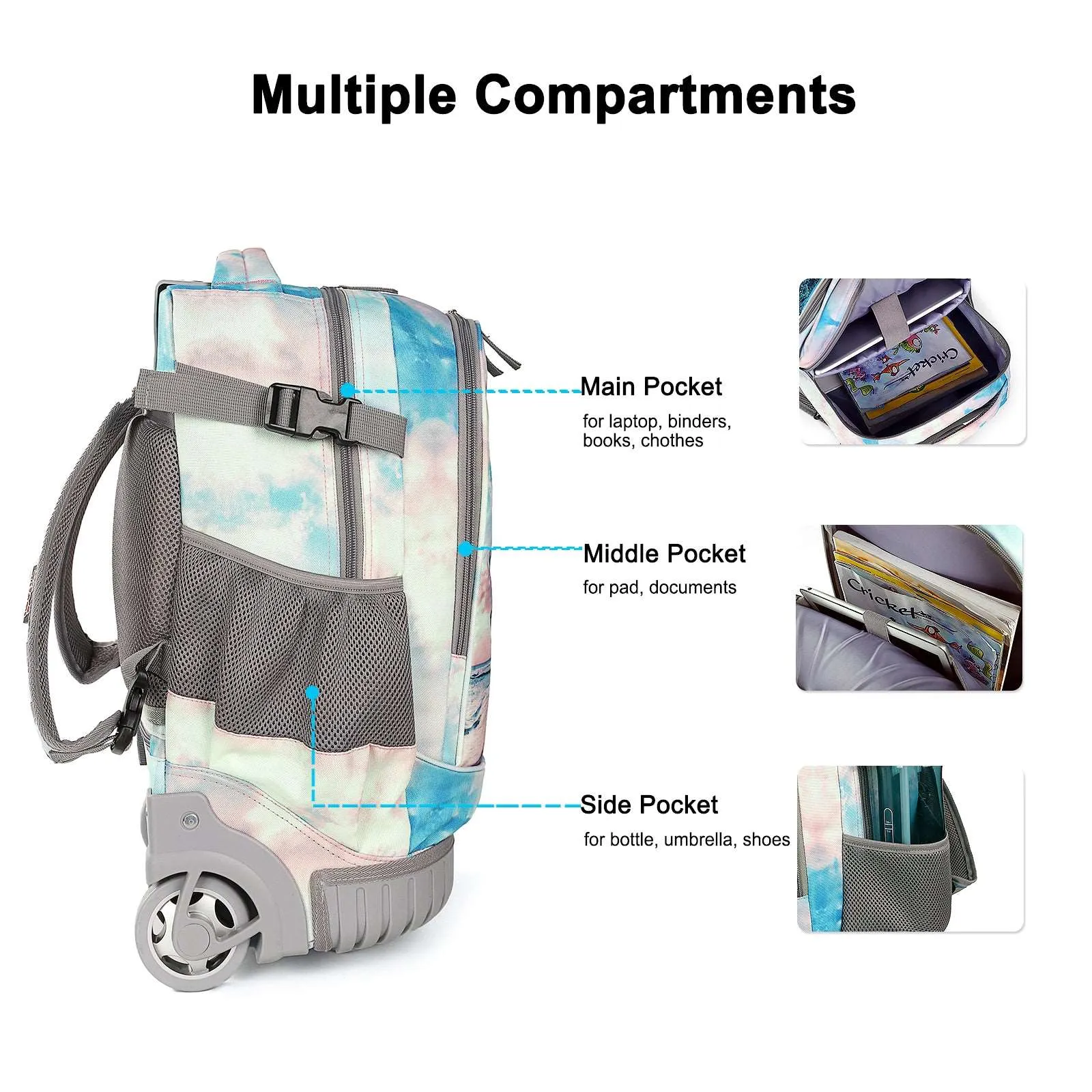 Tilami Green Seaside Rolling Backpack 19 inch with Lunch Bag